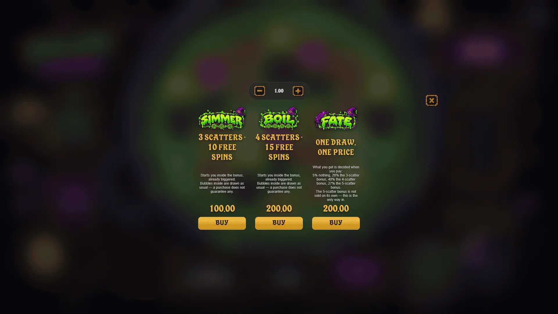 Cauldron Chaos bonus buy menu