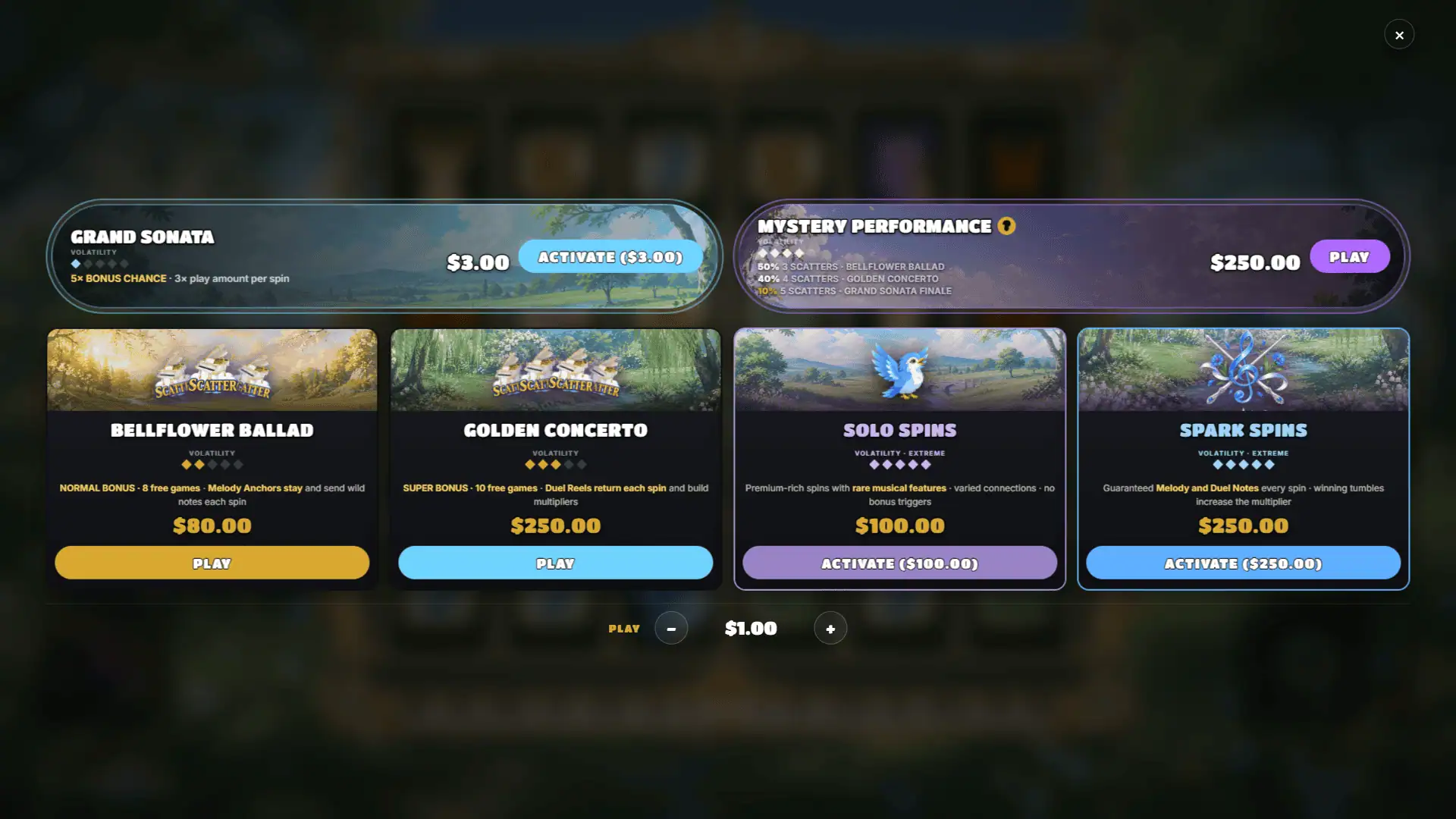 Wild Melody bonus buy menu