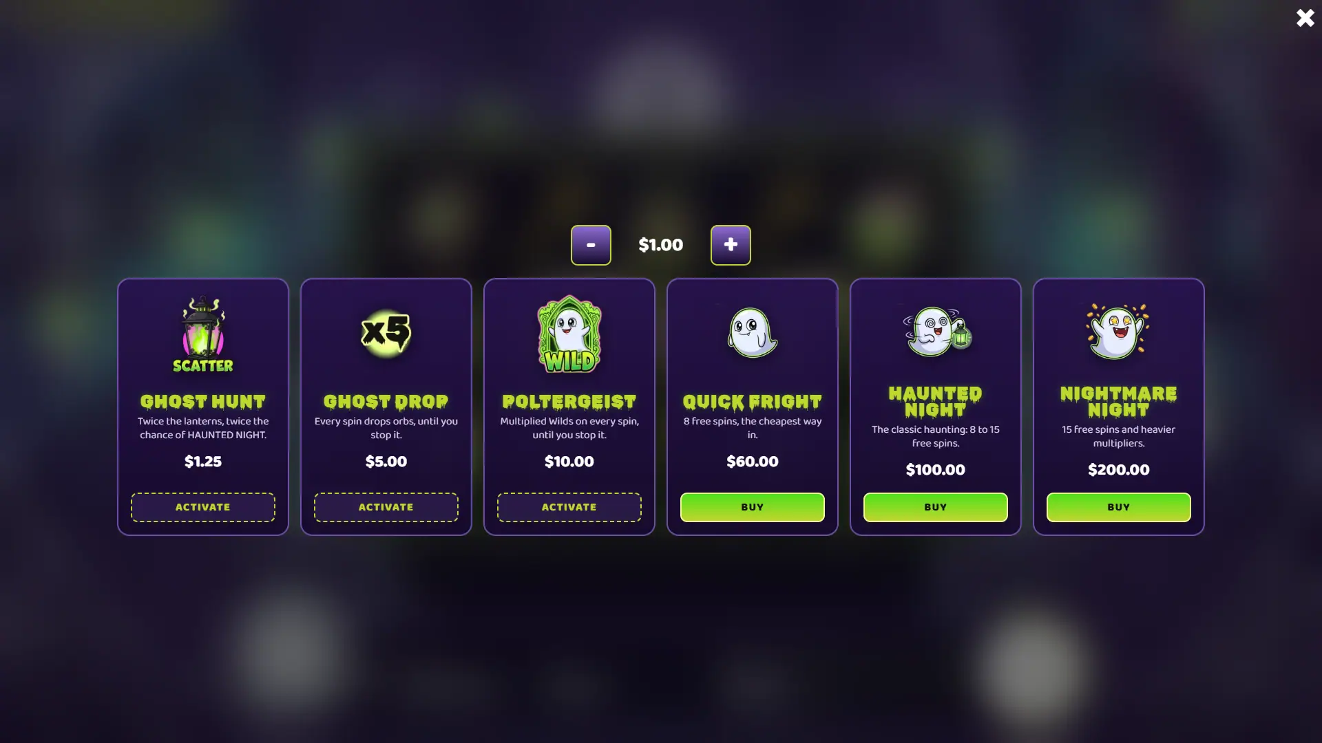 Boo Manor bonus buy menu