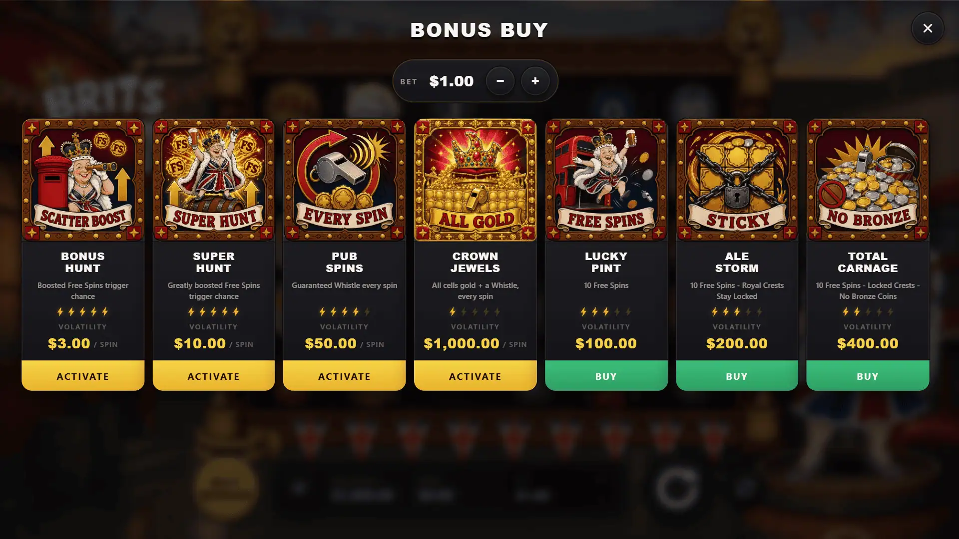Brits Out bonus buy menu