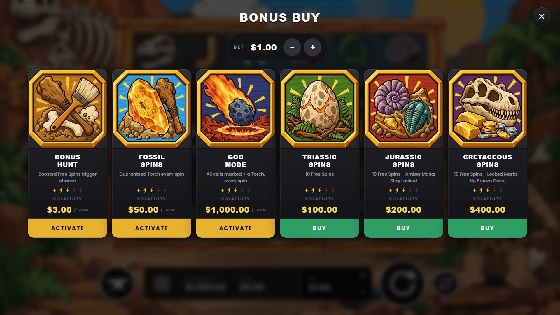 Fossil Fortune bonus buy menu