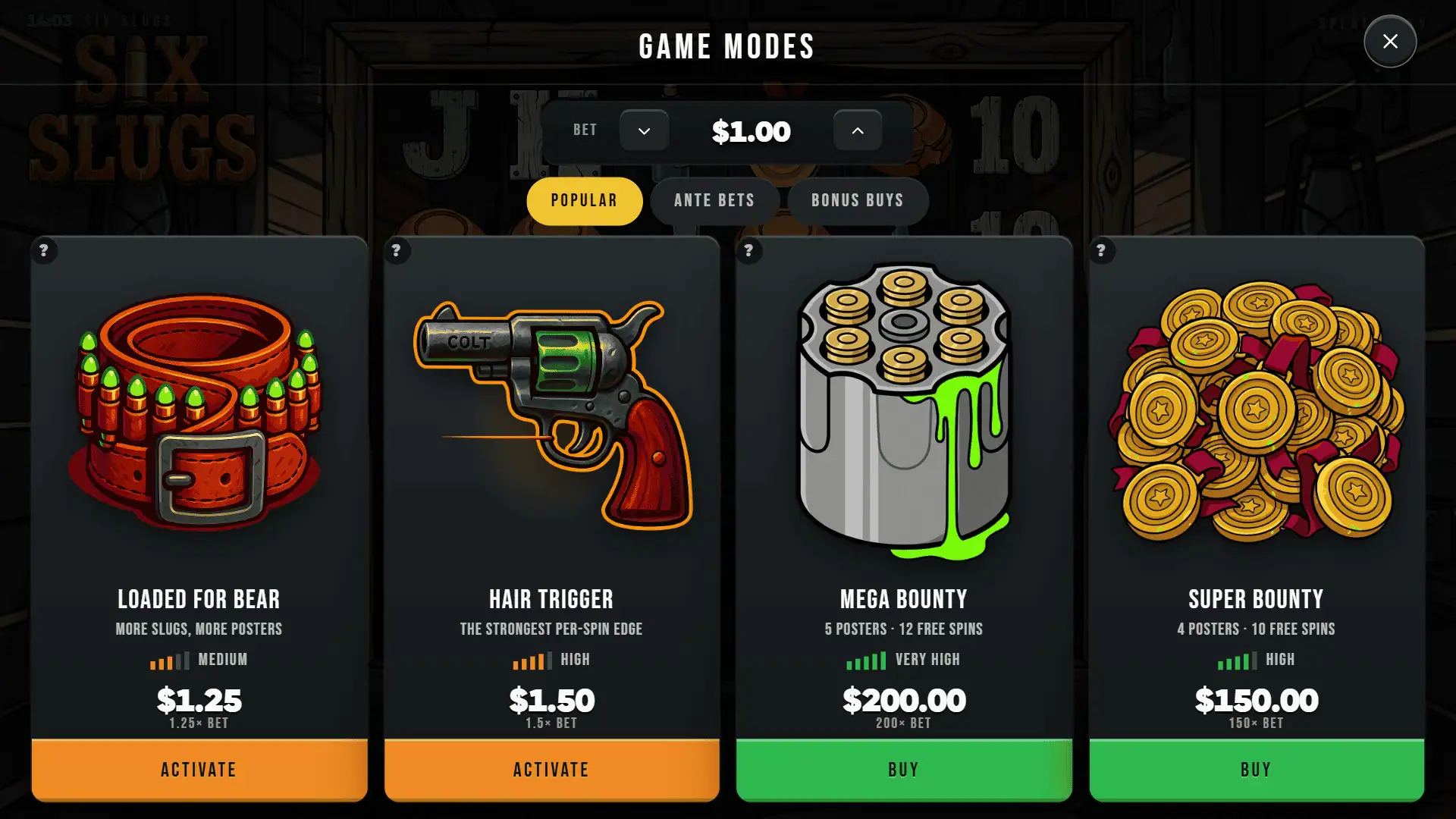 Six Slugs bonus buy menu