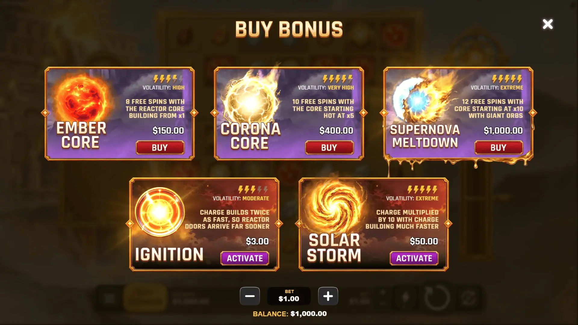 Sol Reactor bonus buy menu