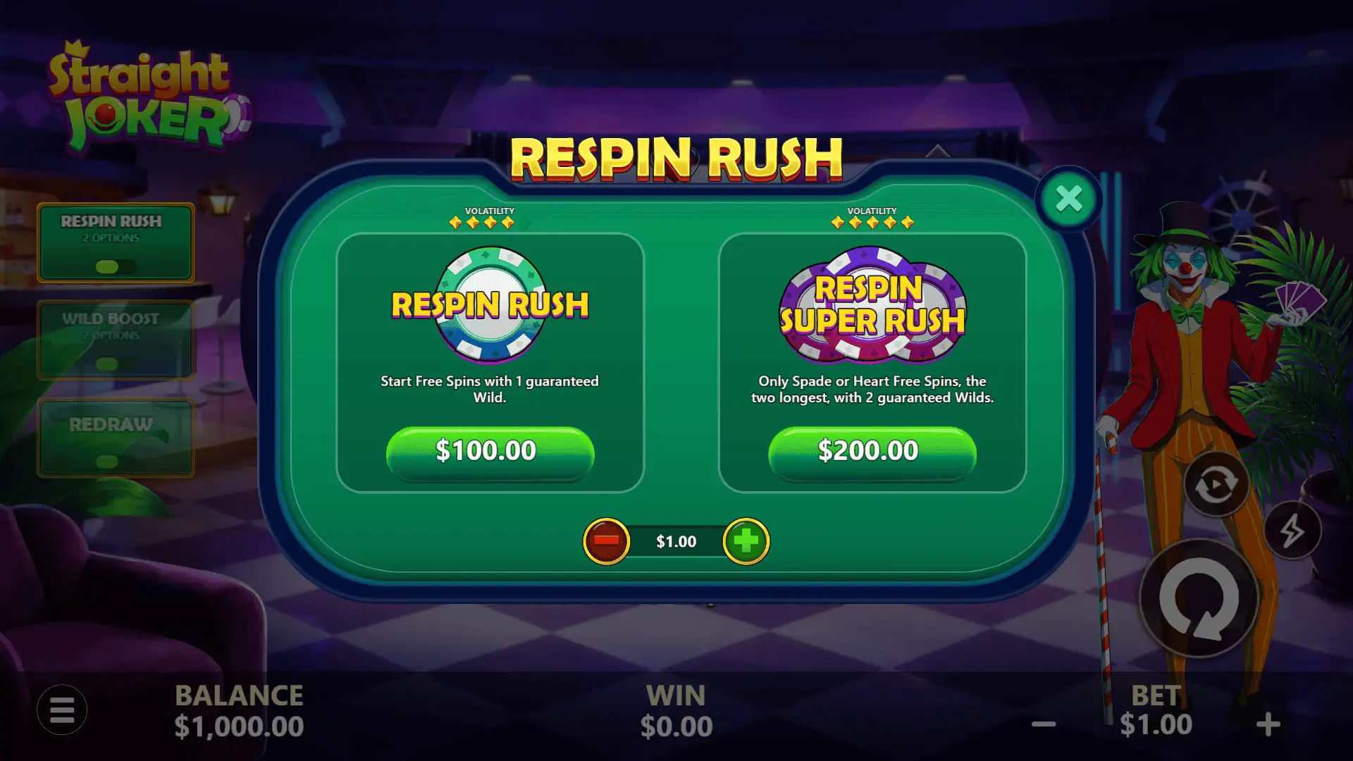 Straight Joker bonus buy menu