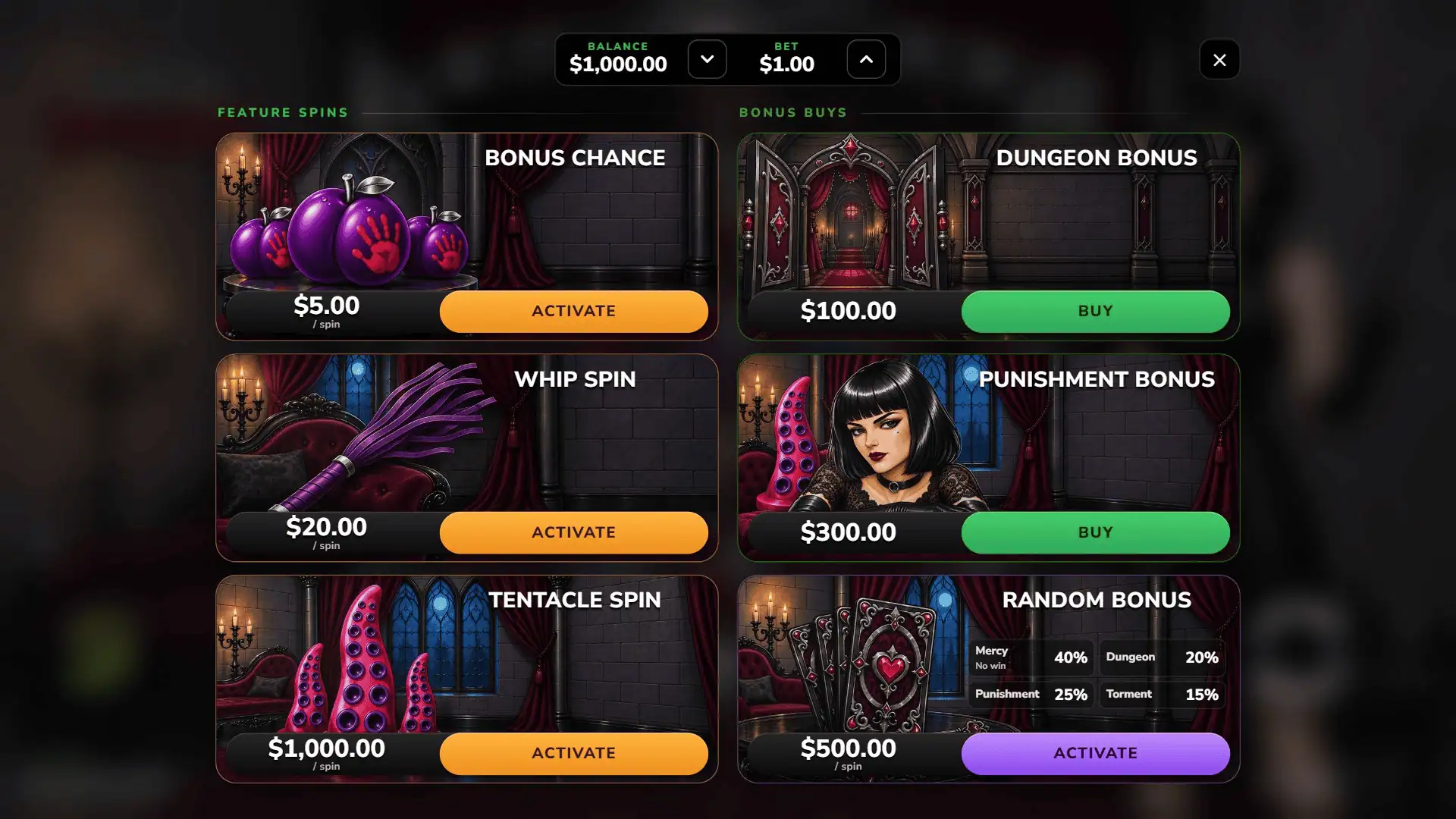 Goth Desire bonus buy menu