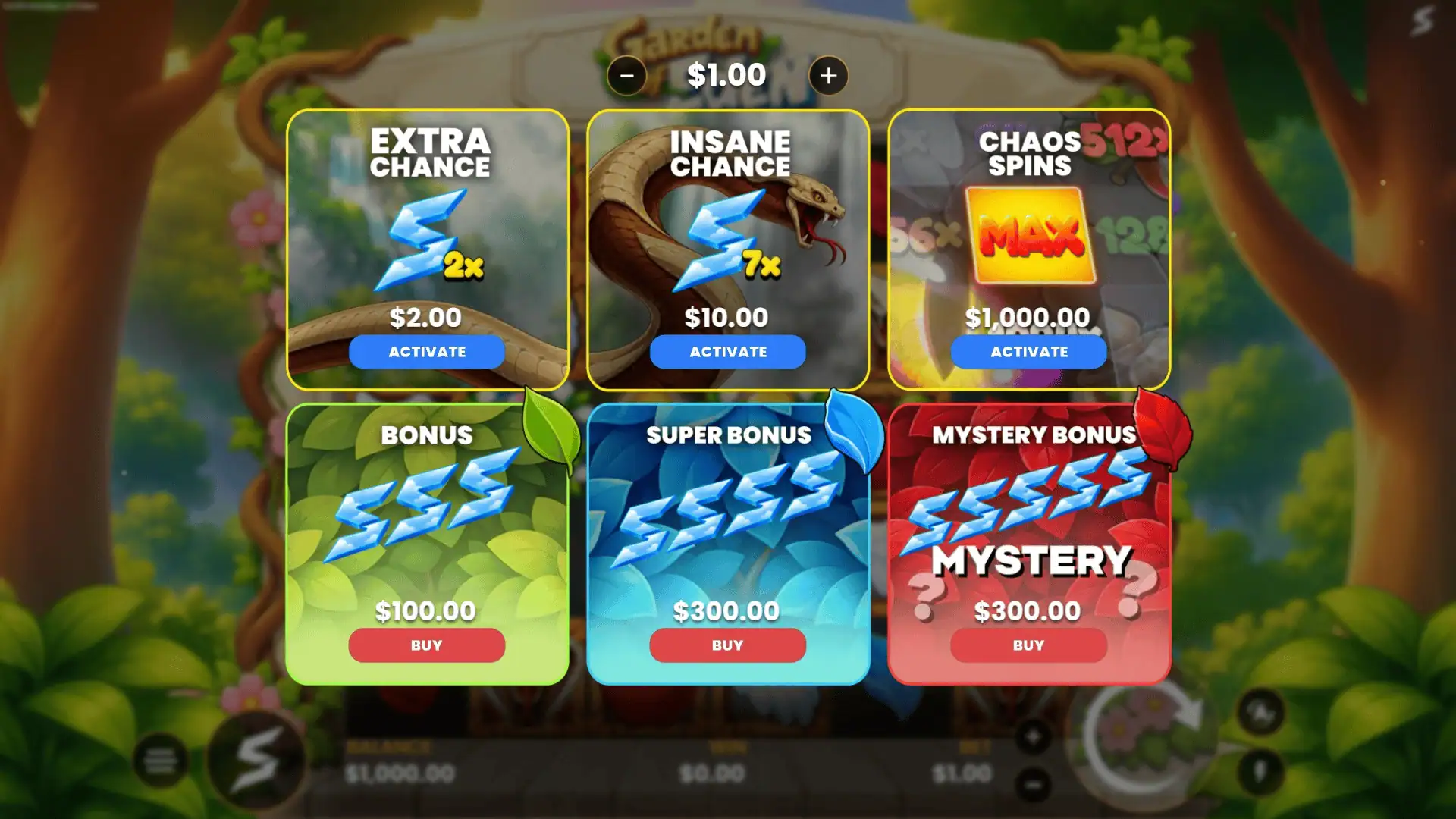 Garden of Eden Cluster Pays bonus buy menu
