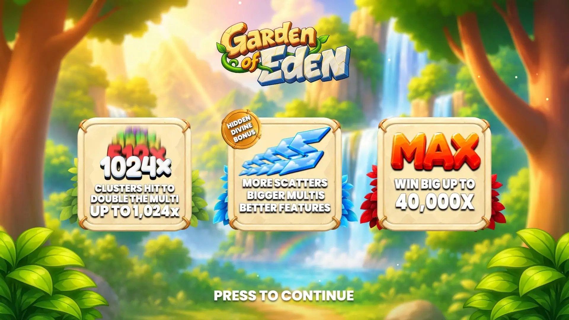 Garden of Eden Cluster Pays slot intro screen