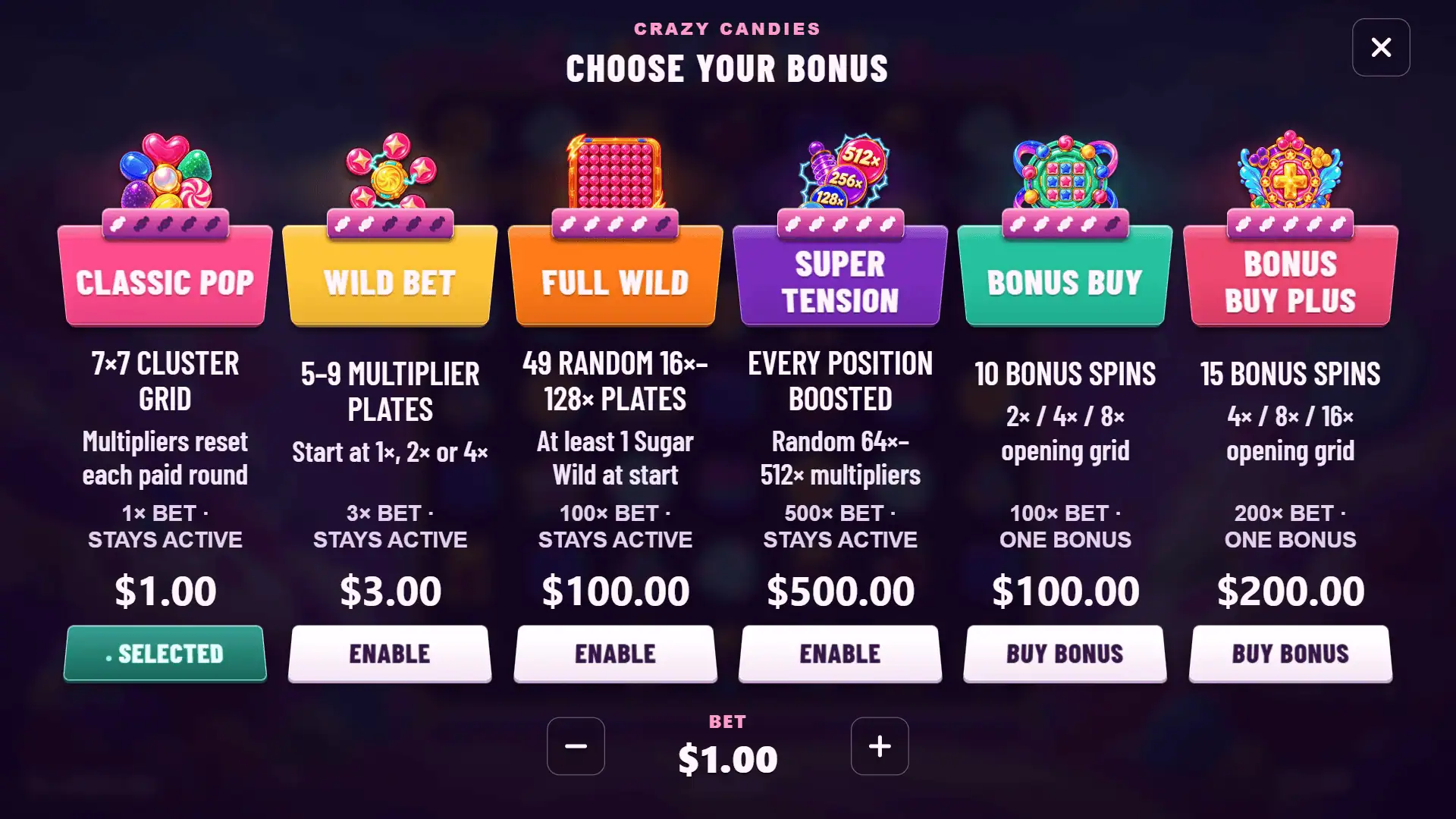 Crazy Candies bonus buy menu