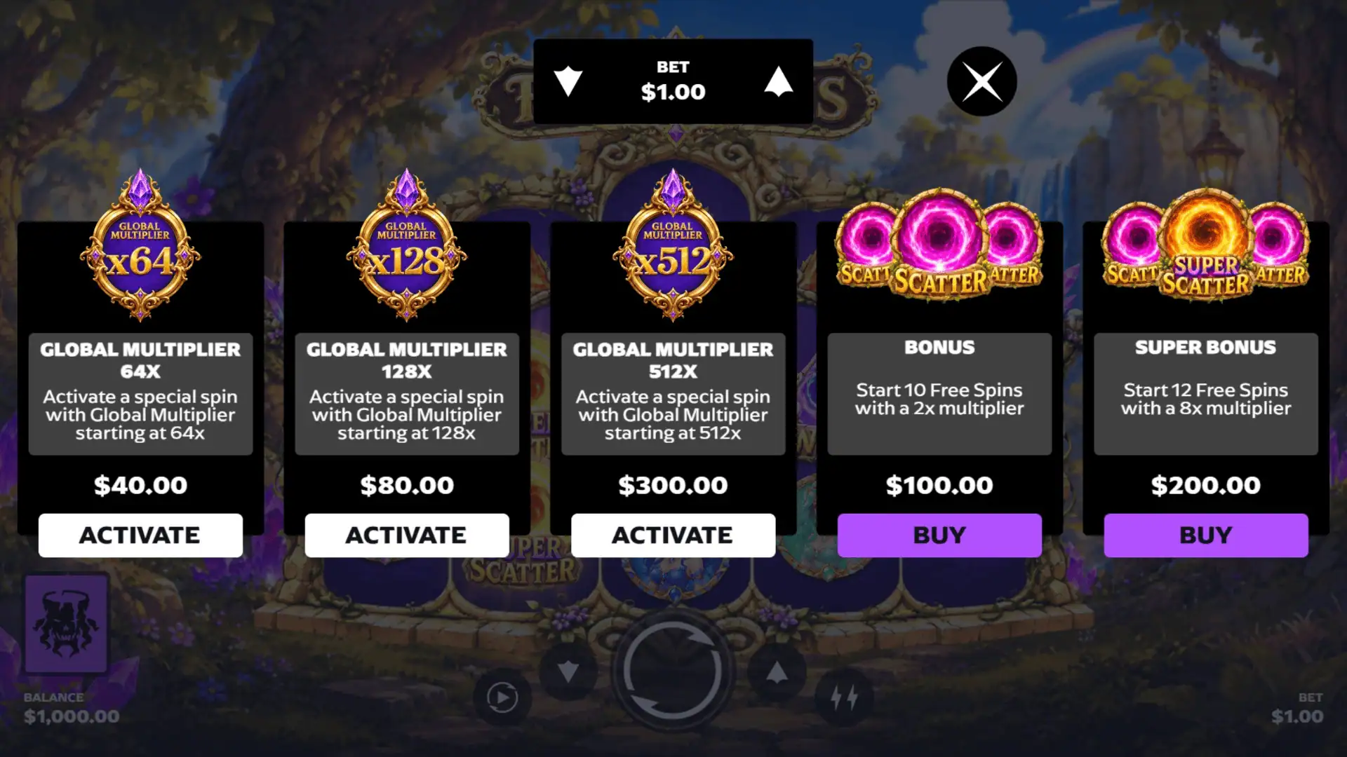 Fairy Gems bonus buy menu