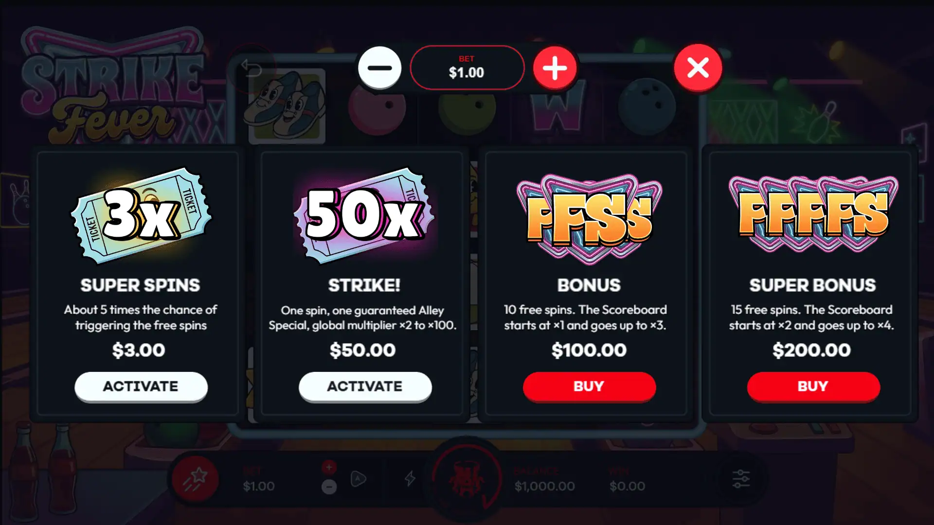 Strike Fever bonus buy menu
