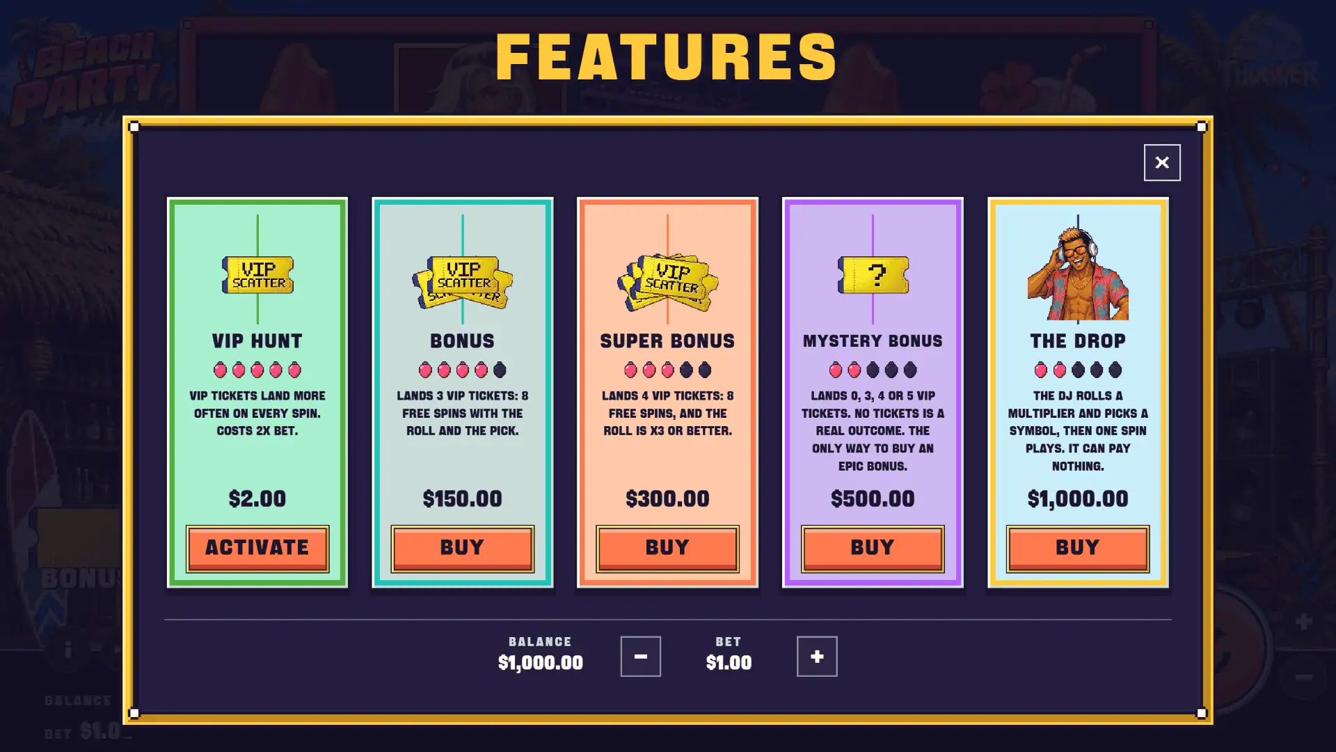 Beach Party bonus buy menu