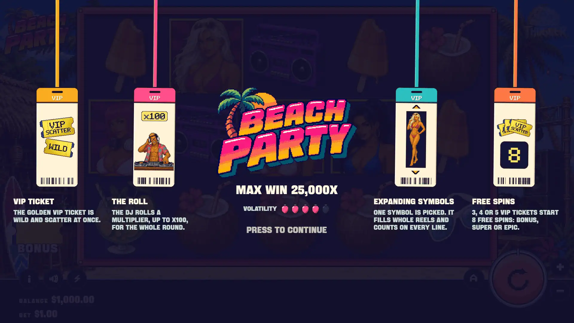 Beach Party slot intro screen