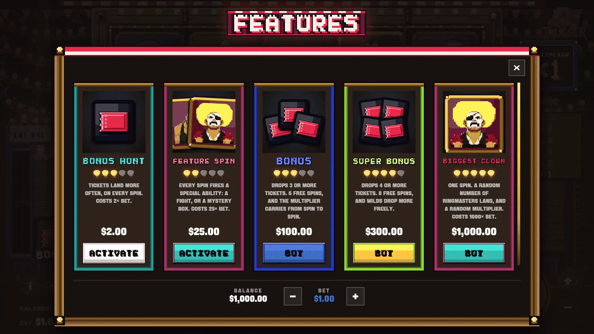 Crooked Carnival bonus buy menu