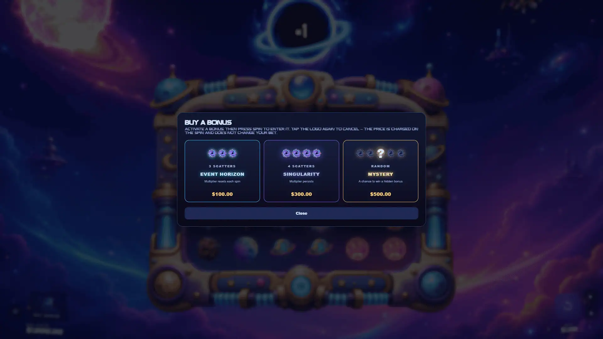 Black Hole Protocol bonus buy menu
