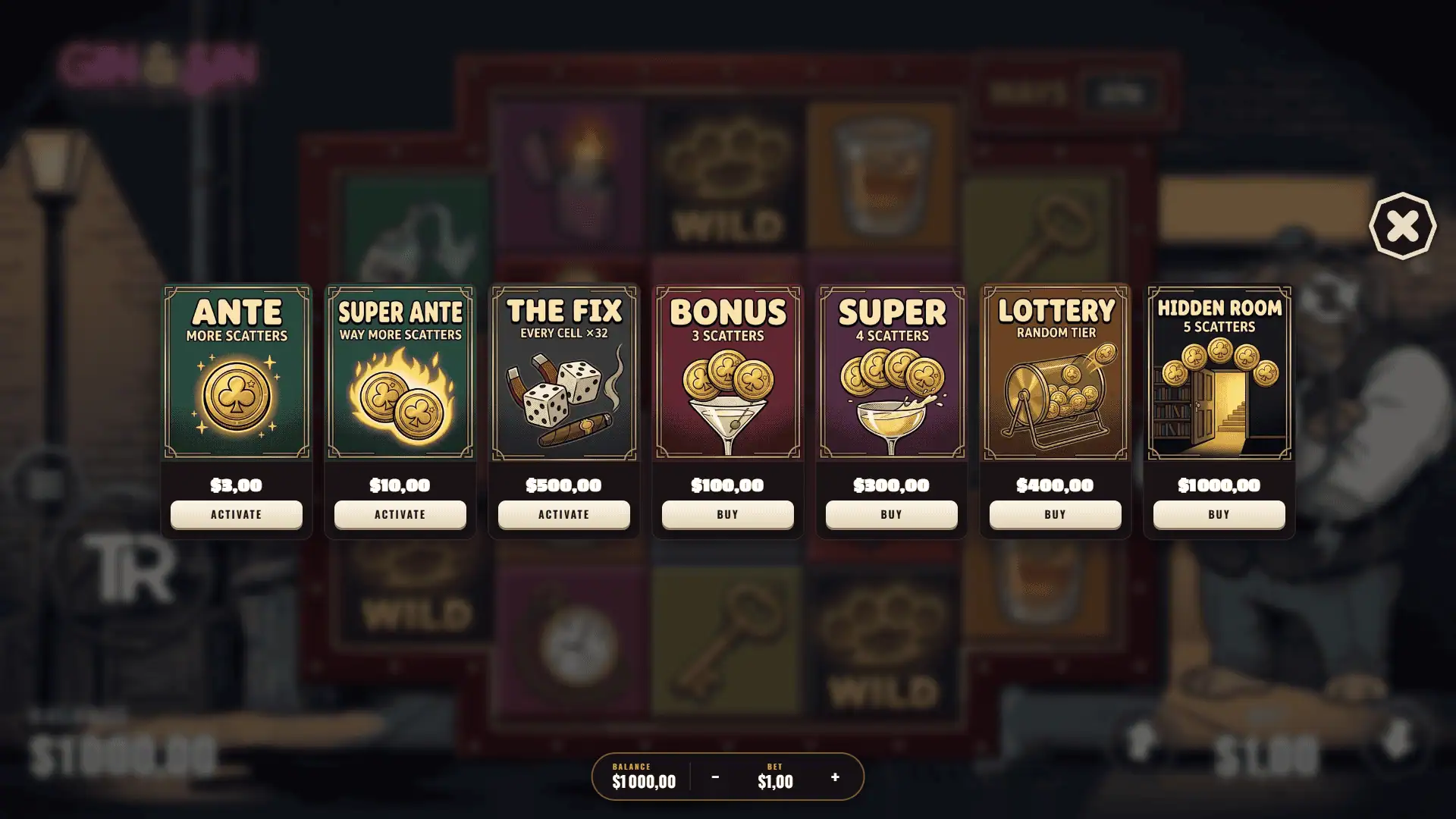 Gin & Sin bonus buy menu