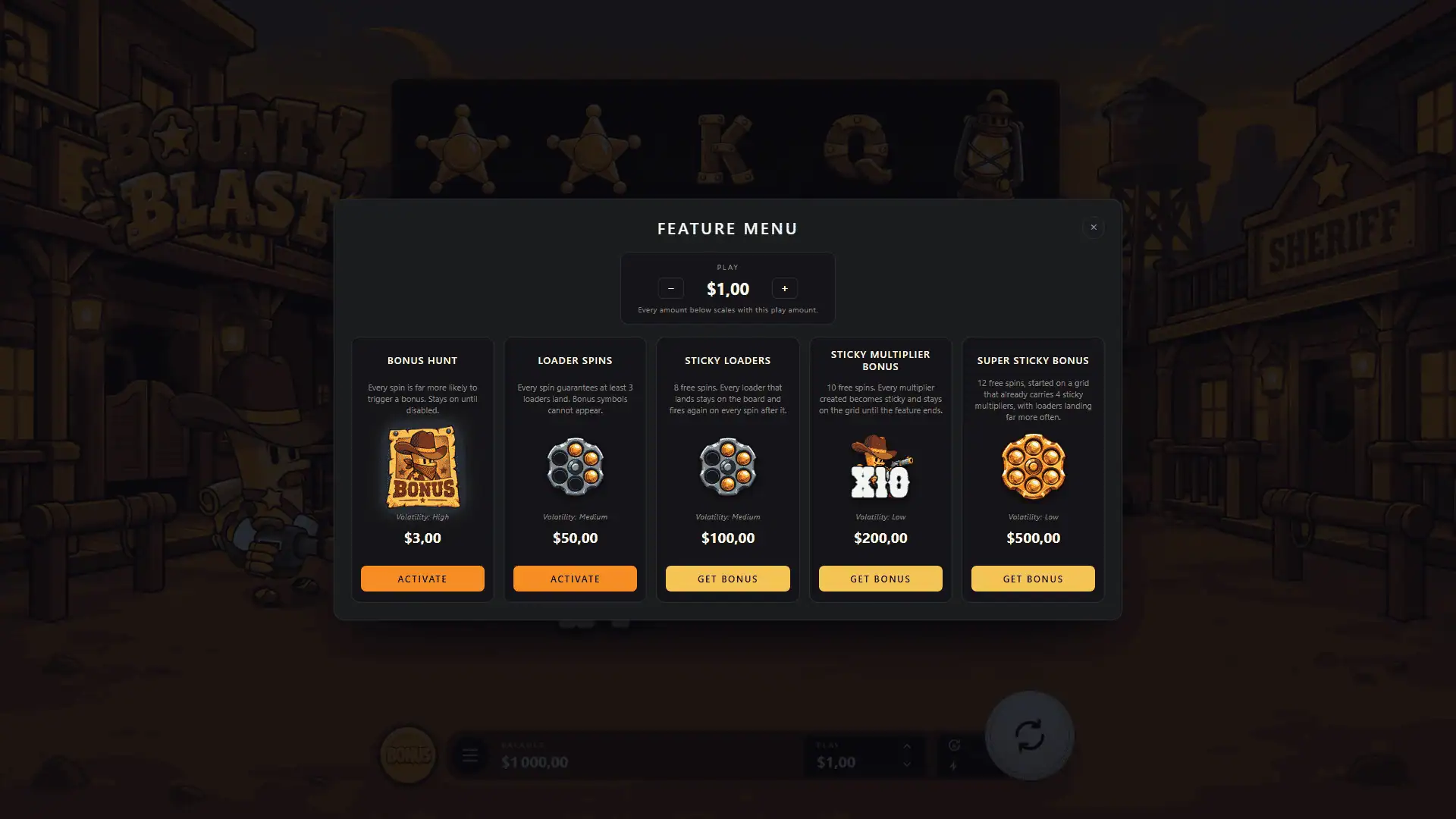 Bounty Blast bonus buy menu