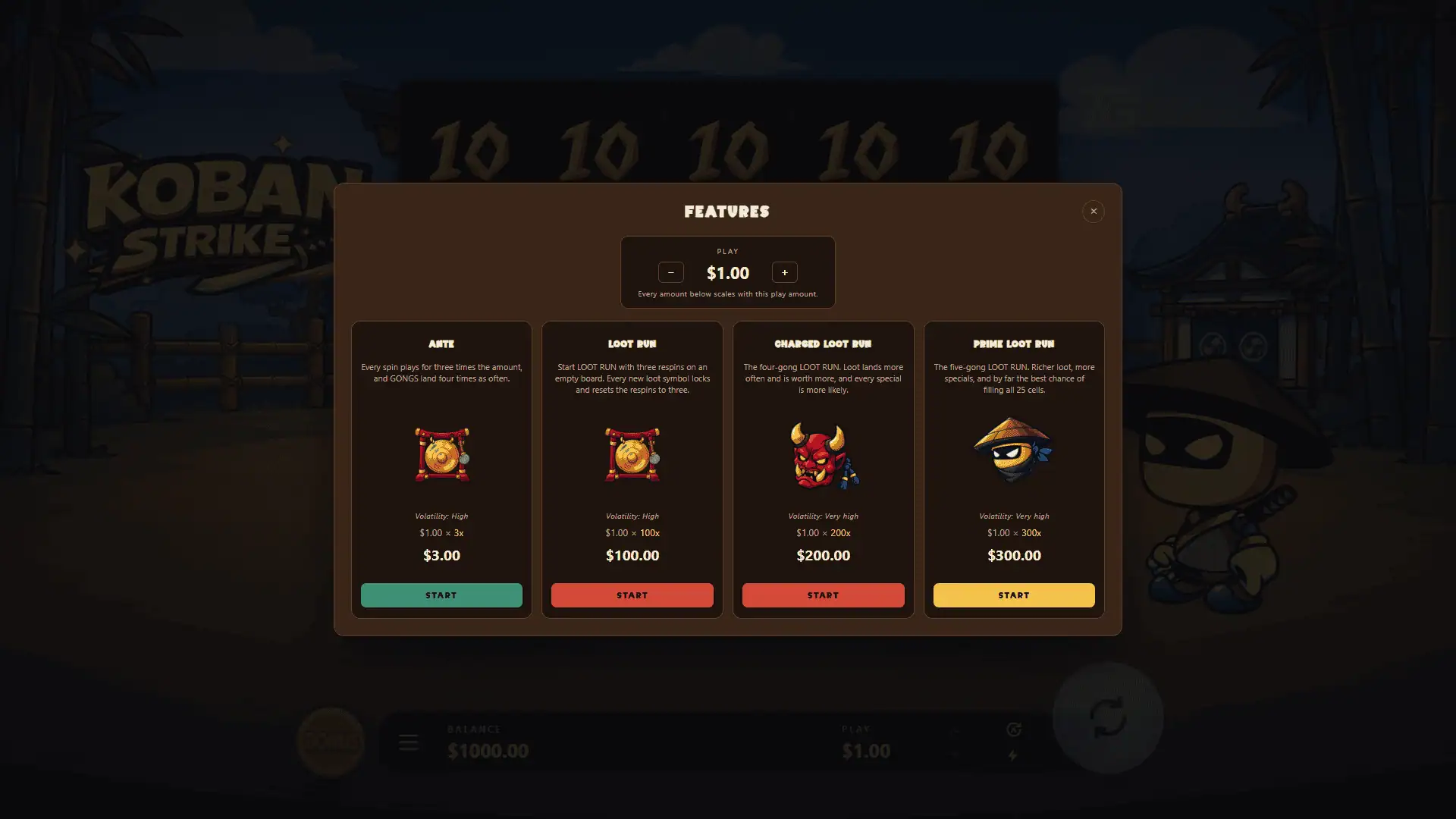 Koban Strike bonus buy menu