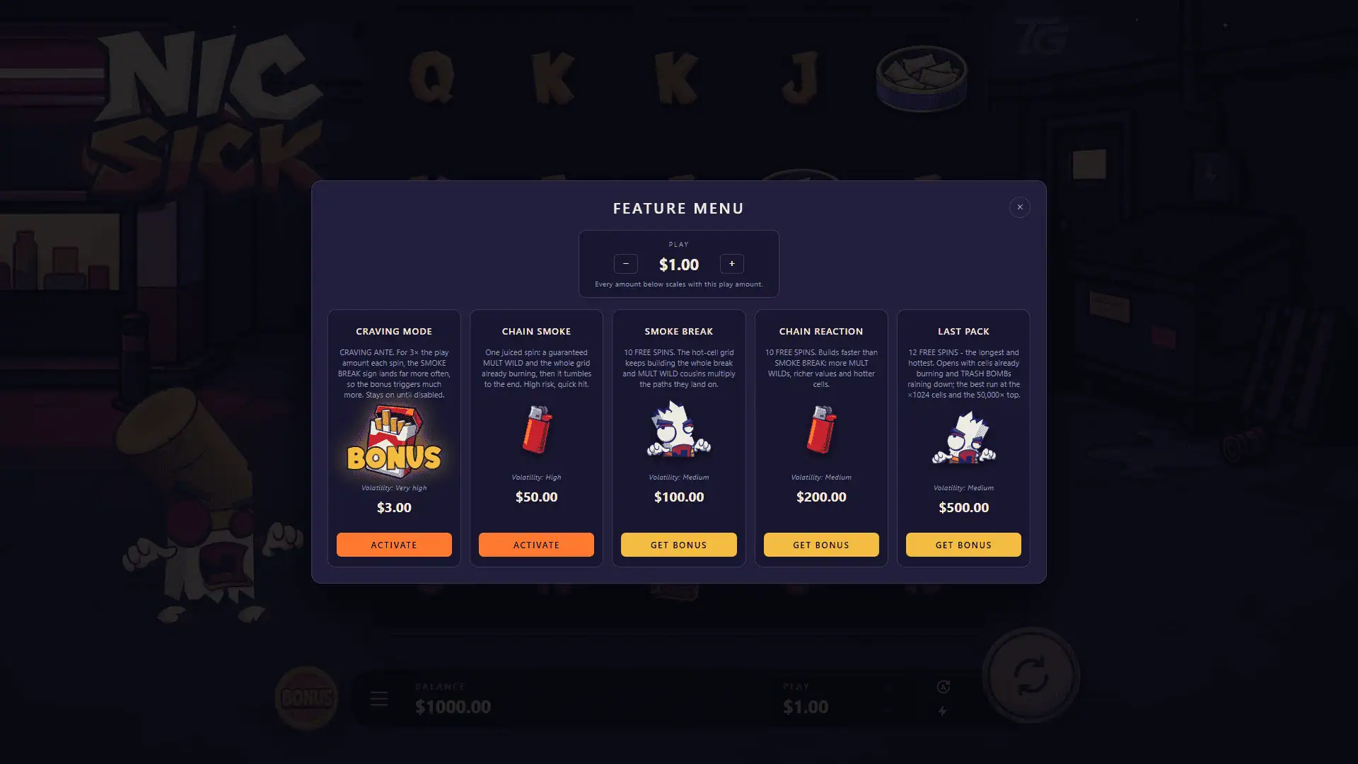 Nic Sick bonus buy menu