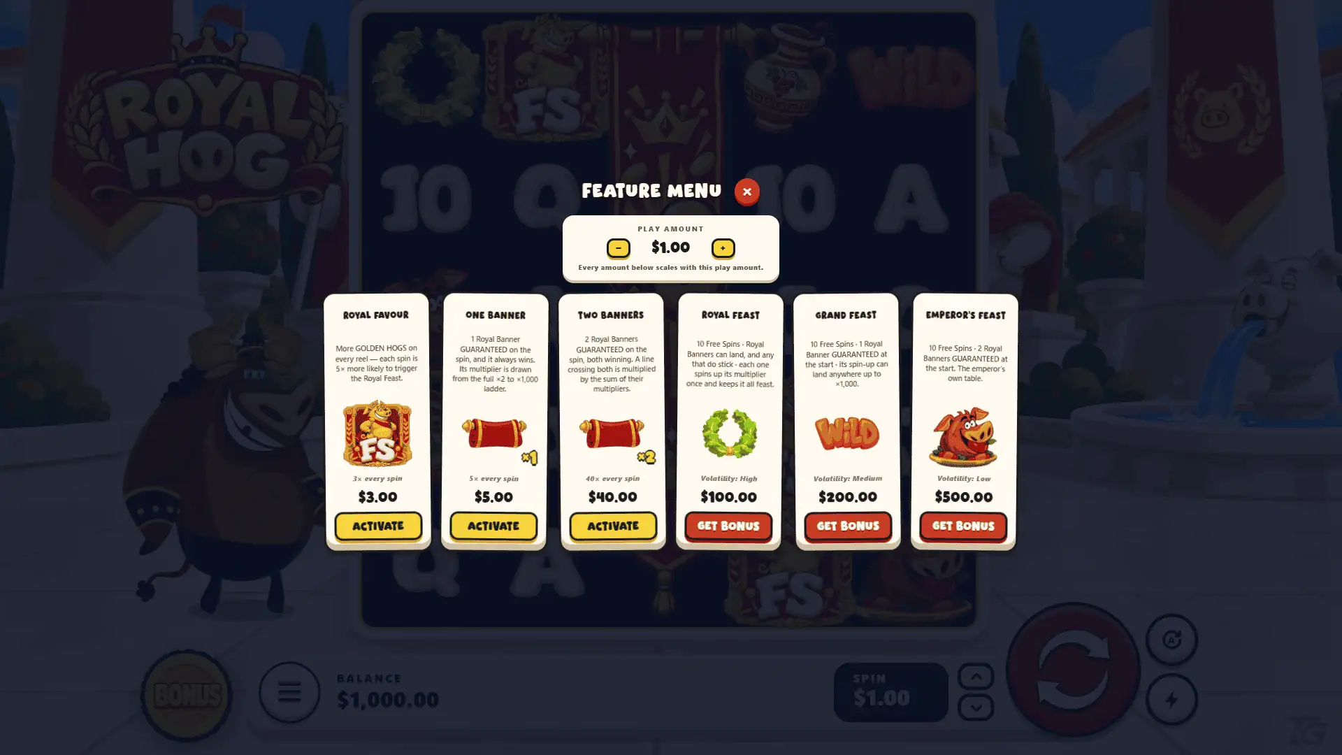 Royal Hog bonus buy menu
