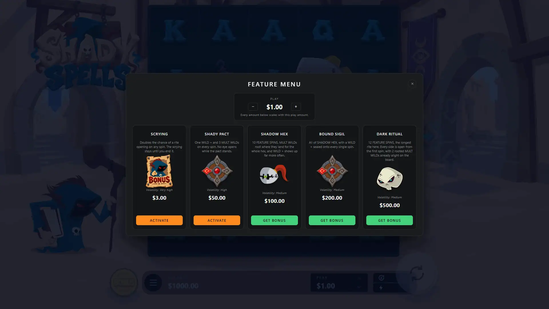 Shady Spells bonus buy menu