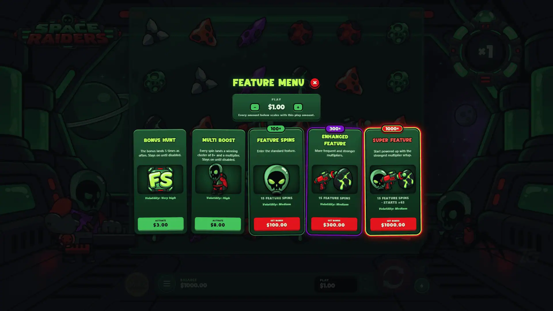 Space Raiders bonus buy menu