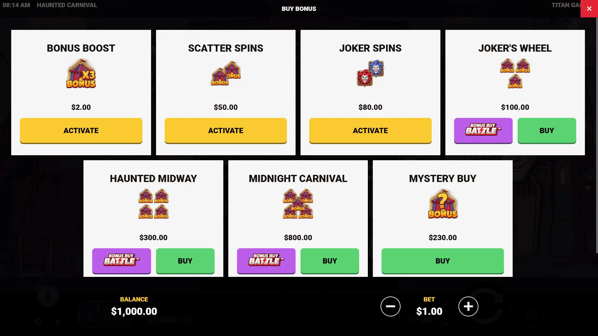 Haunted Carnival bonus buy menu