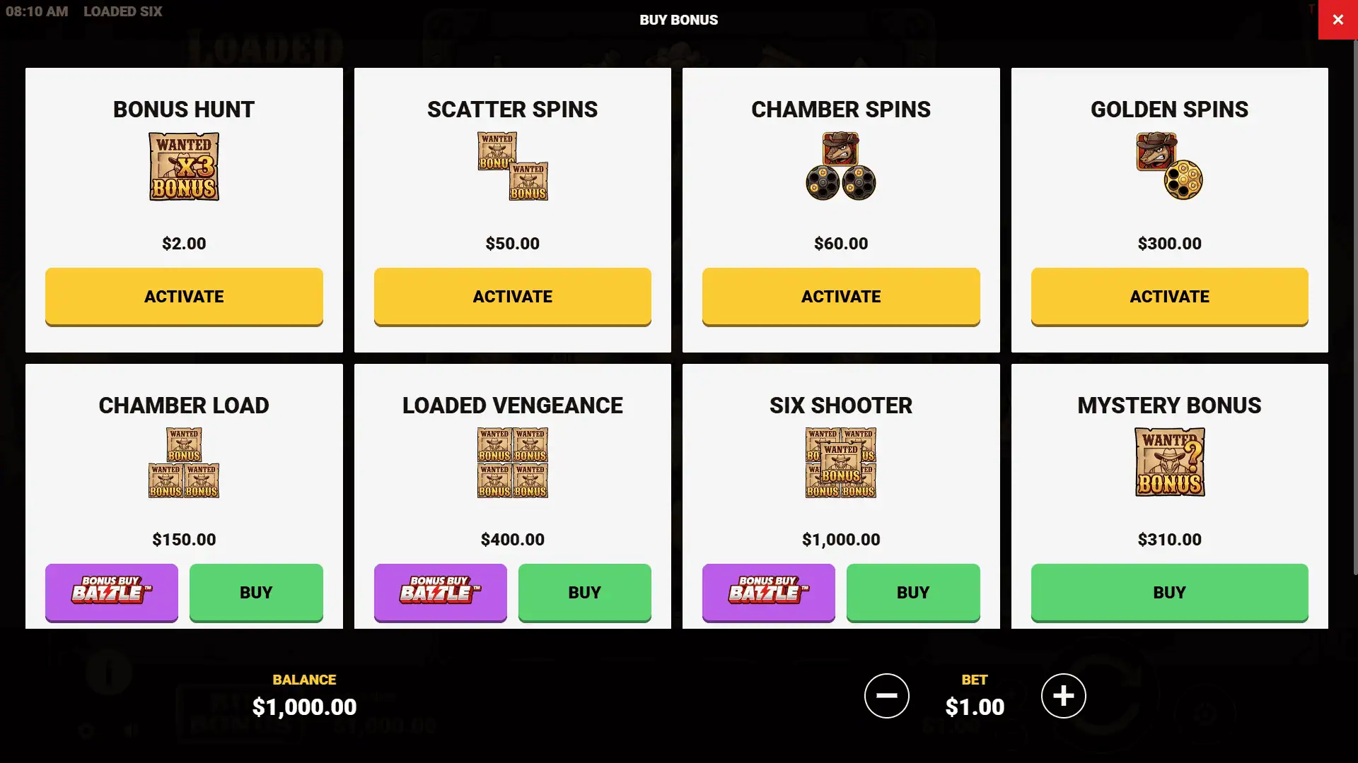 Loaded Six bonus buy menu