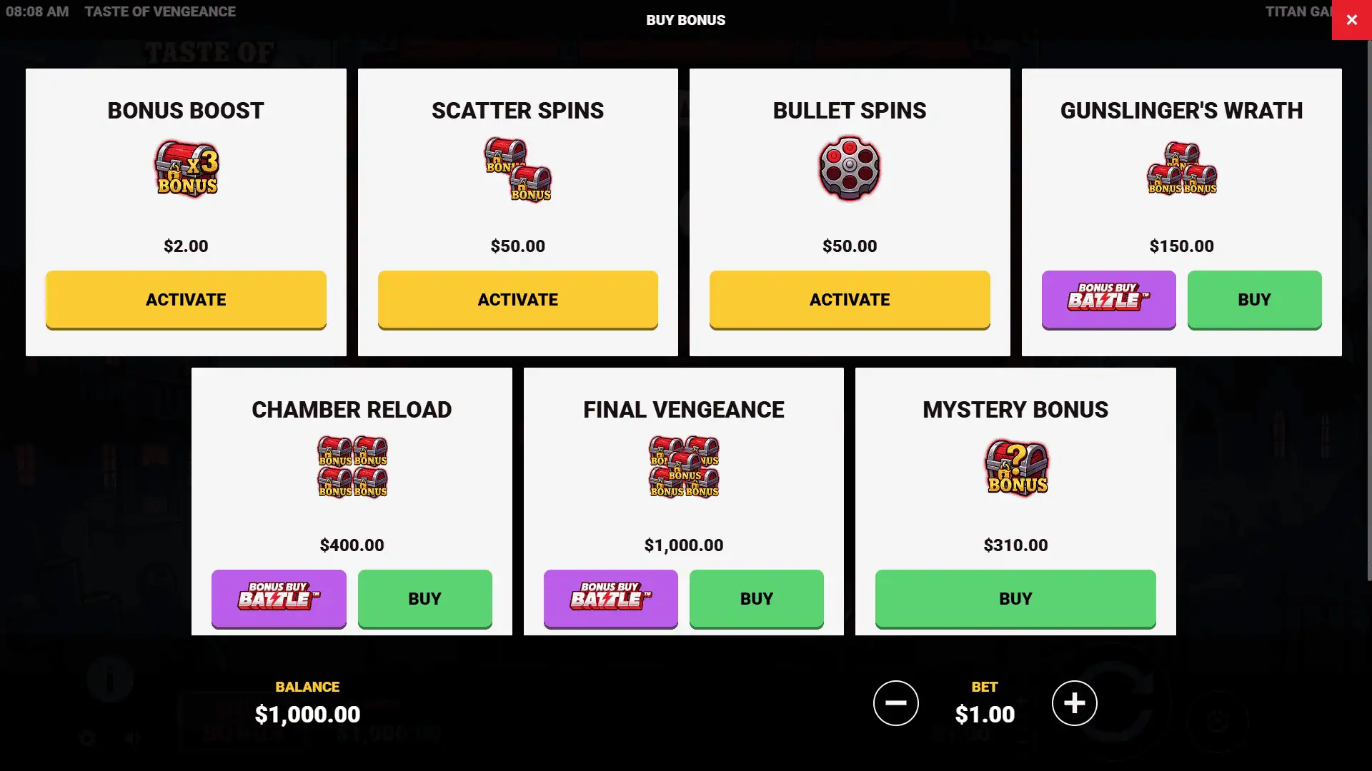 Taste of Vengeance bonus buy menu