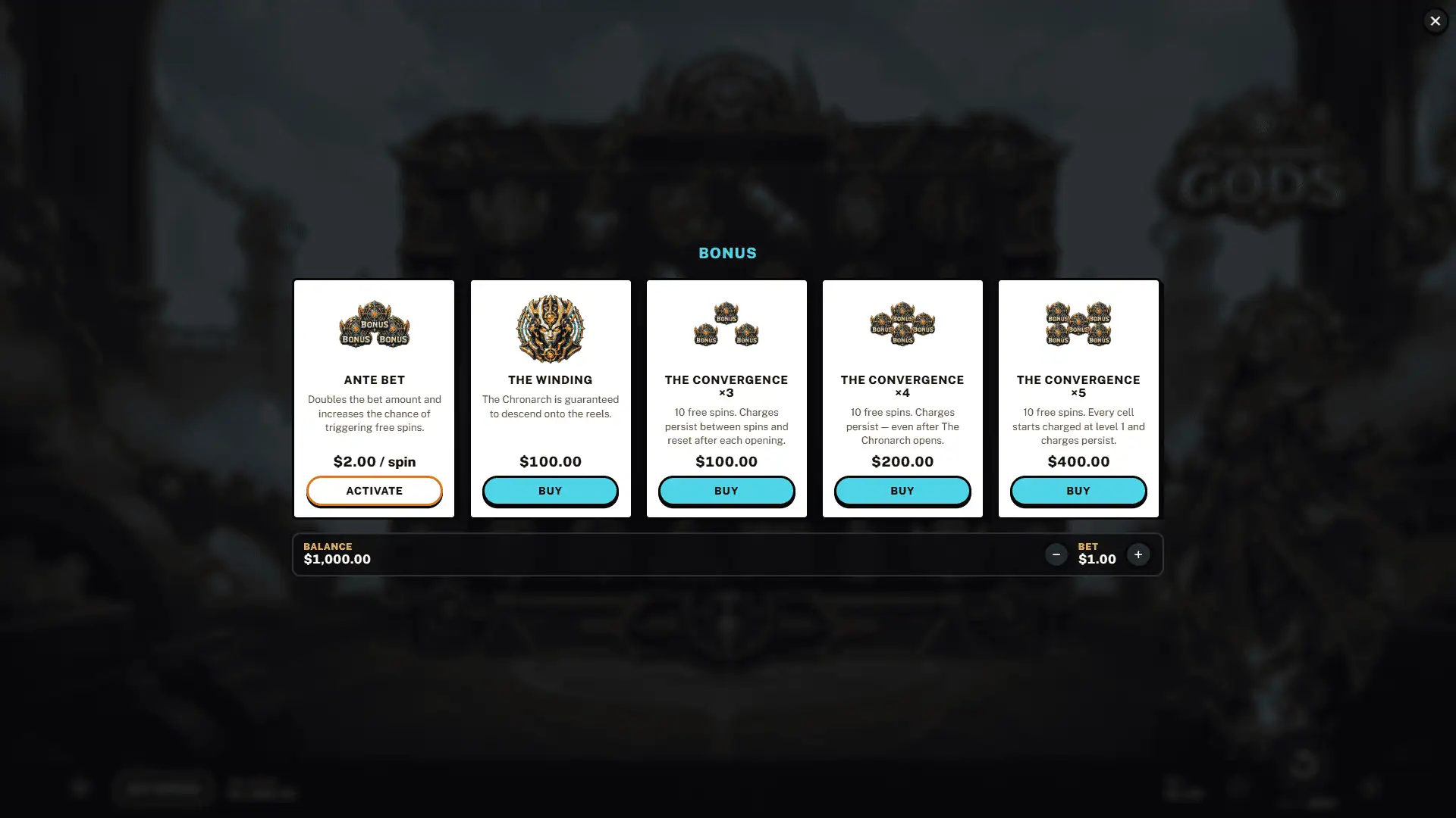 Clockwork Gods bonus buy menu