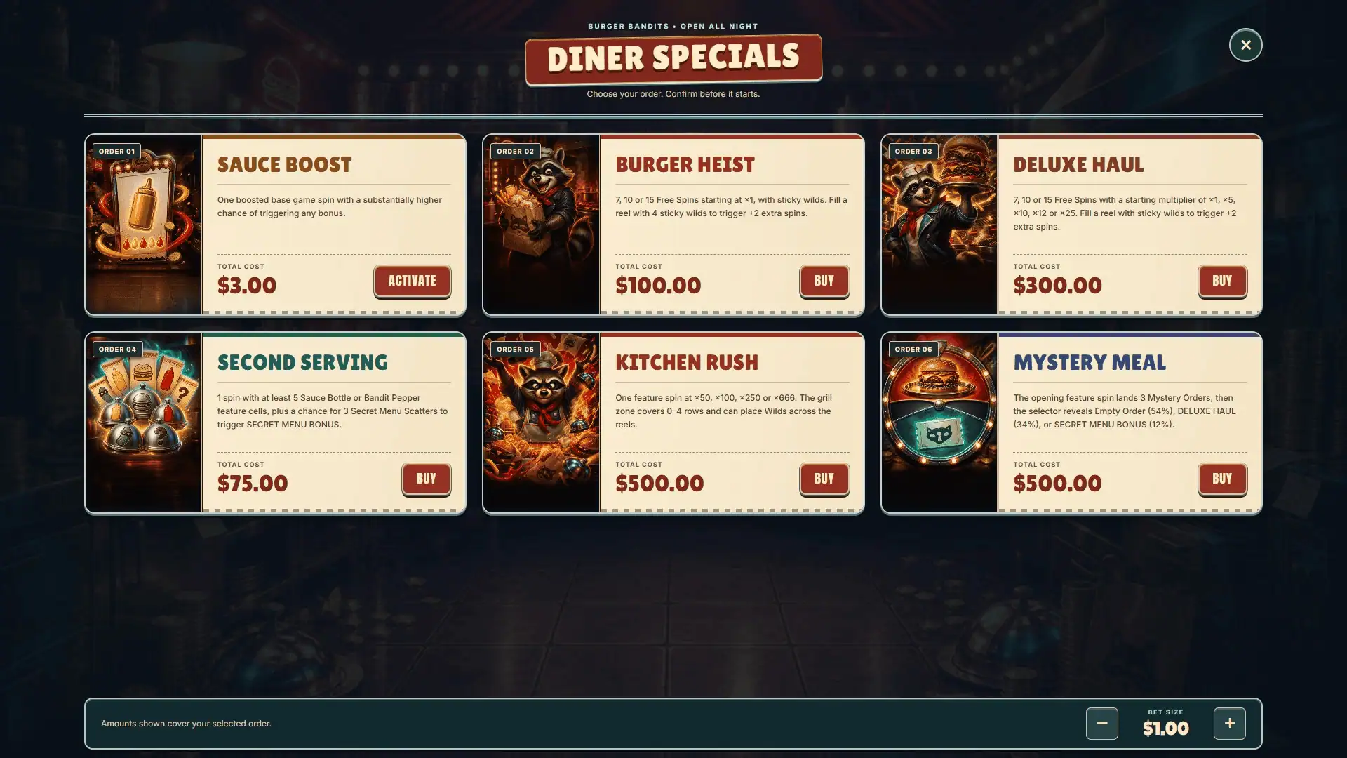 Burger Bandits bonus buy menu