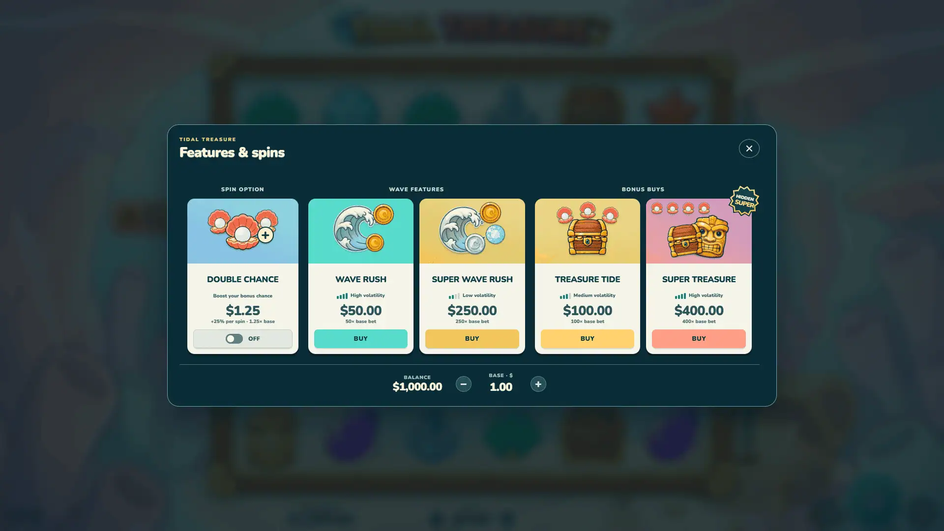 Tidal Treasure bonus buy menu