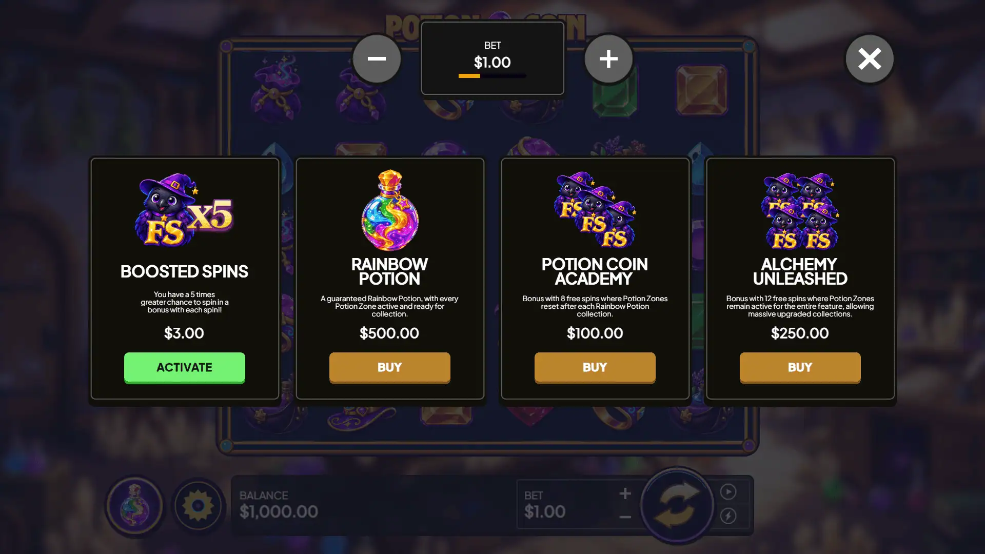 Potion Coin bonus buy menu