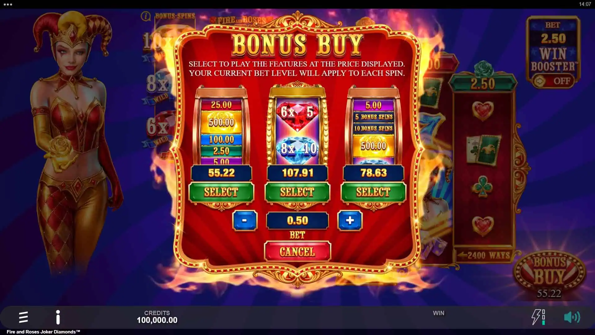 Fire and Roses Joker Diamonds bonus buy menu