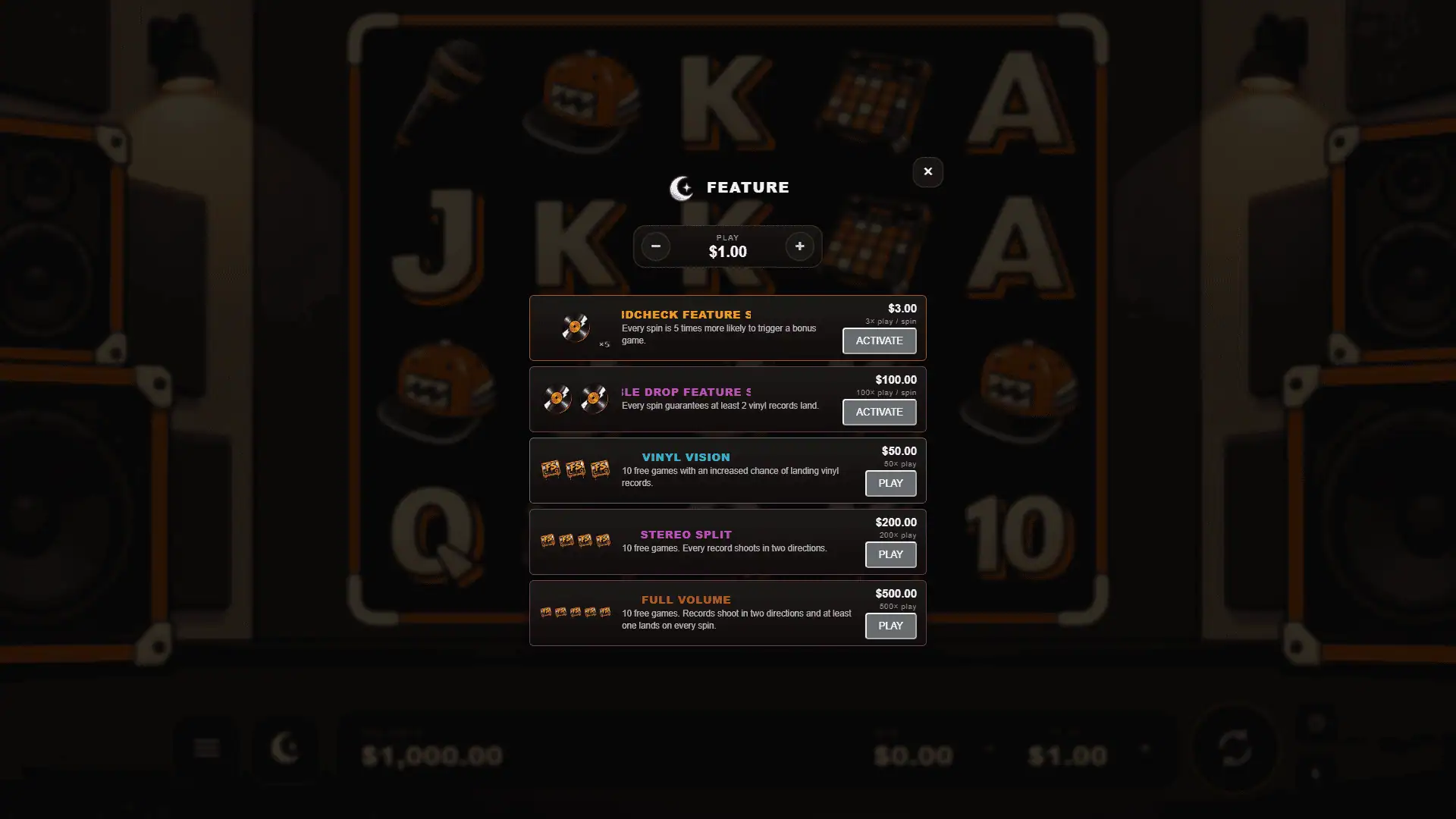 Vinyl spin bonus buy menu