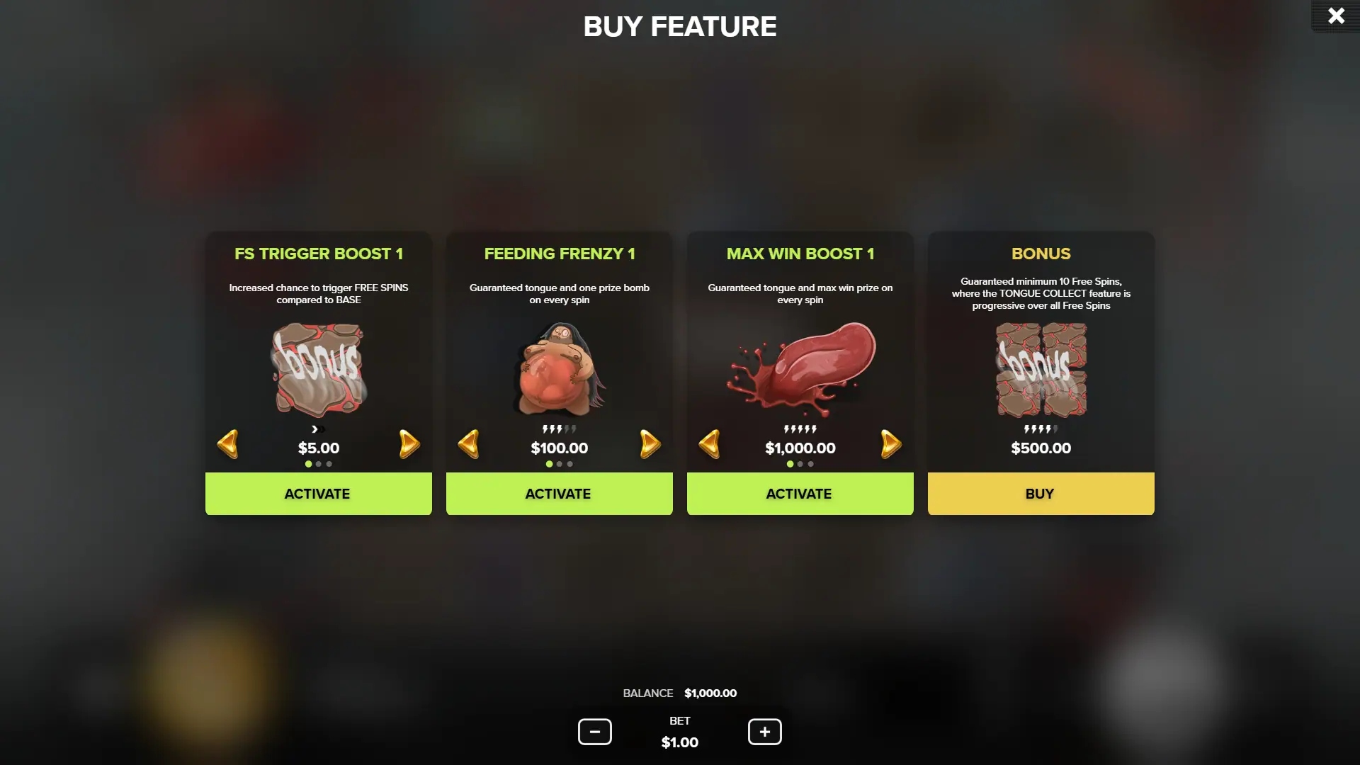 Tongue bonus buy menu
