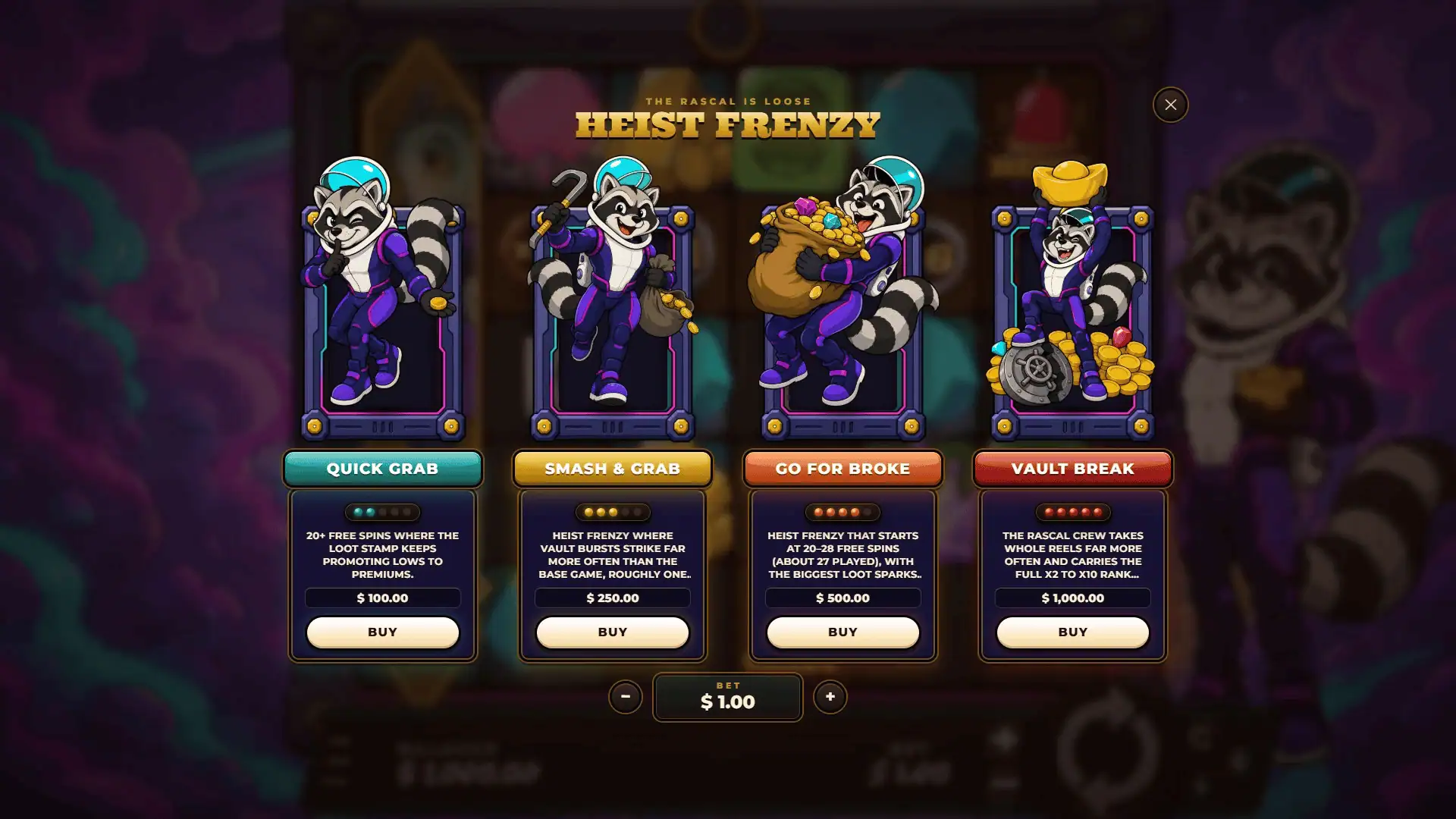 Cosmic Rascal bonus buy menu