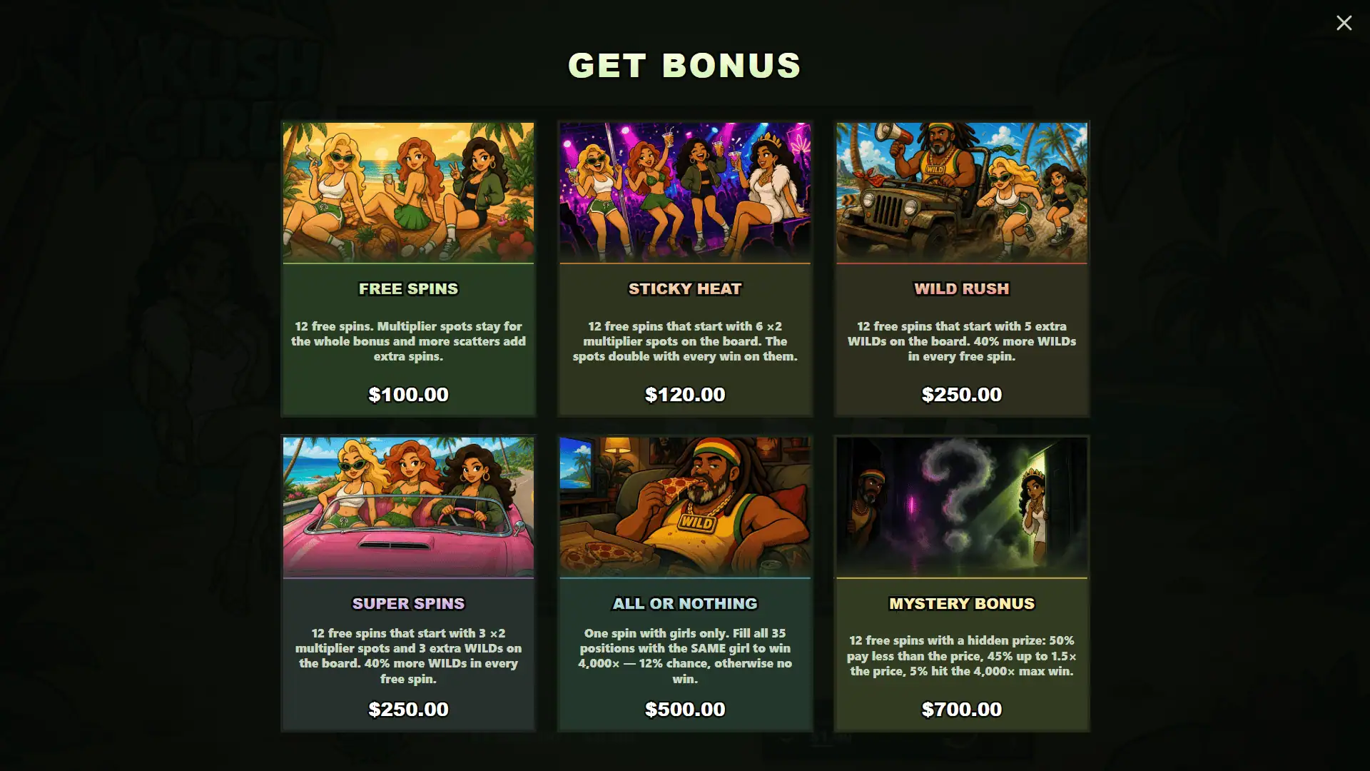 Kush Girls bonus buy menu