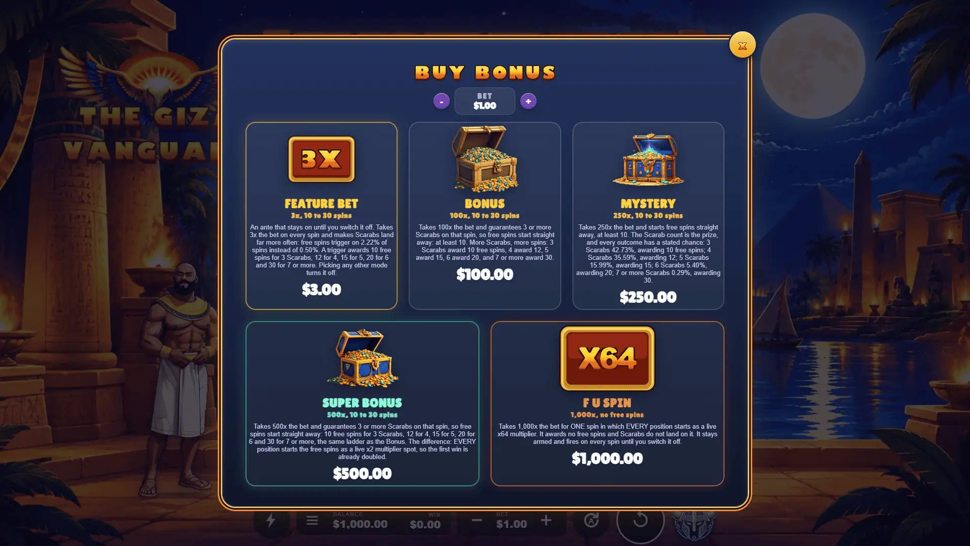 The Giza Vanguard bonus buy menu