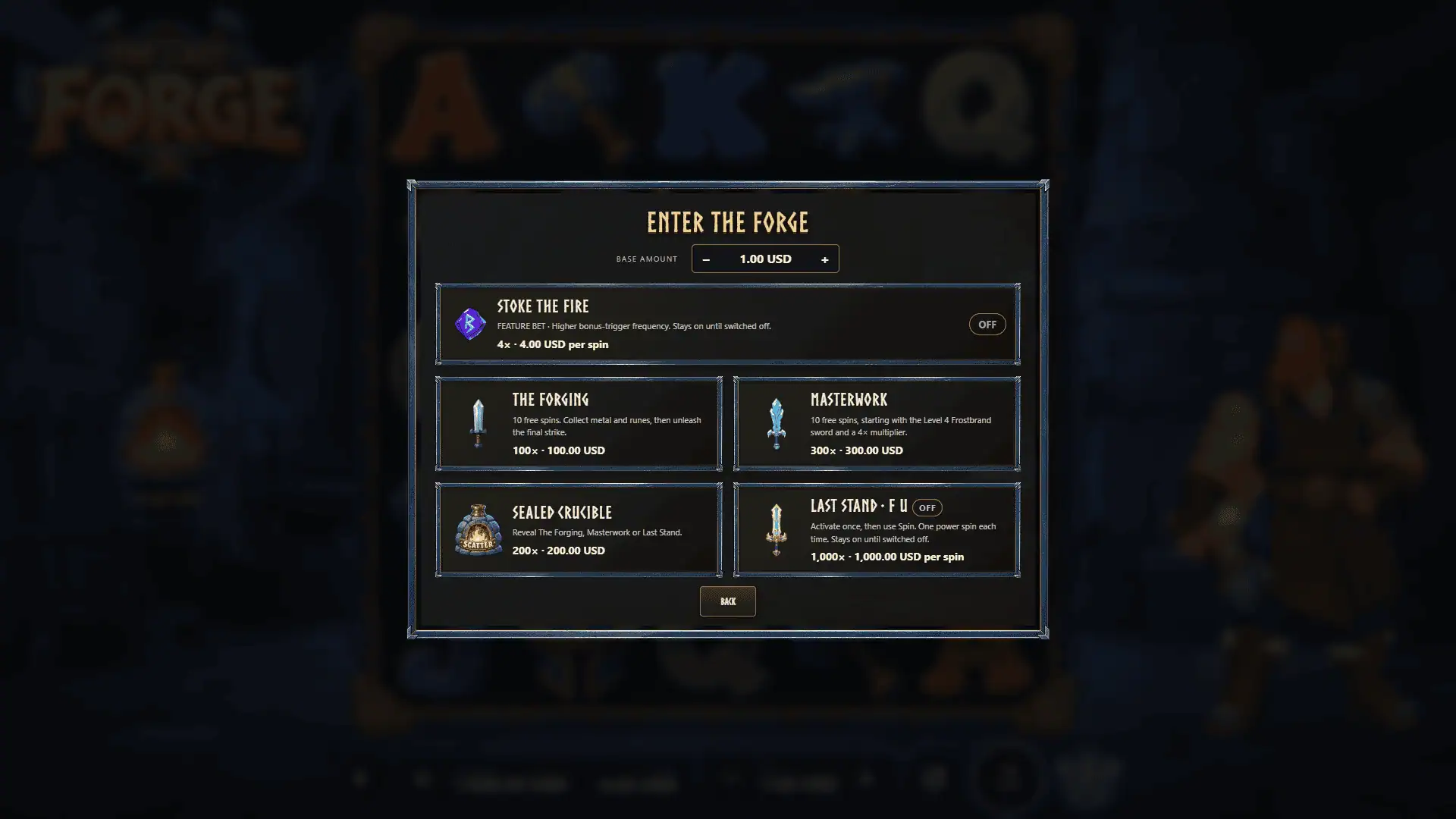 The Last Forge bonus buy menu