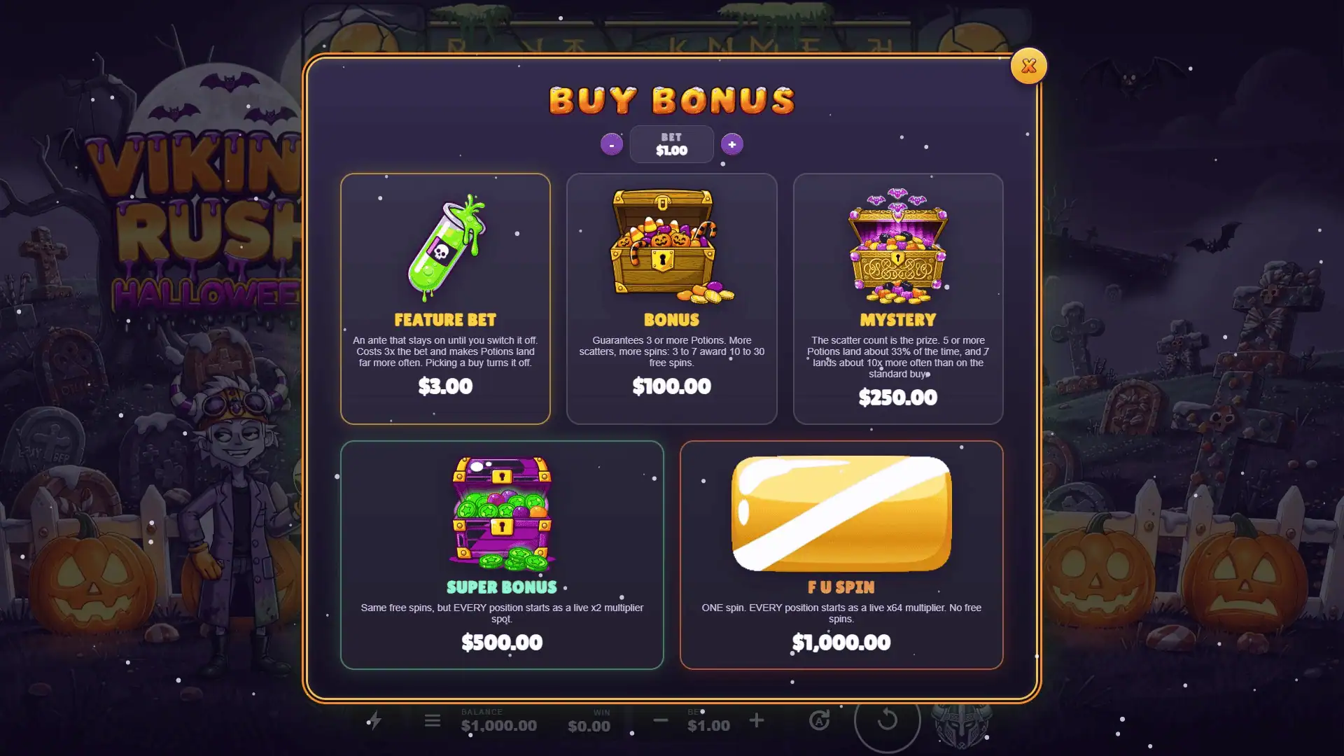 Viking Rush Halloween bonus buy menu