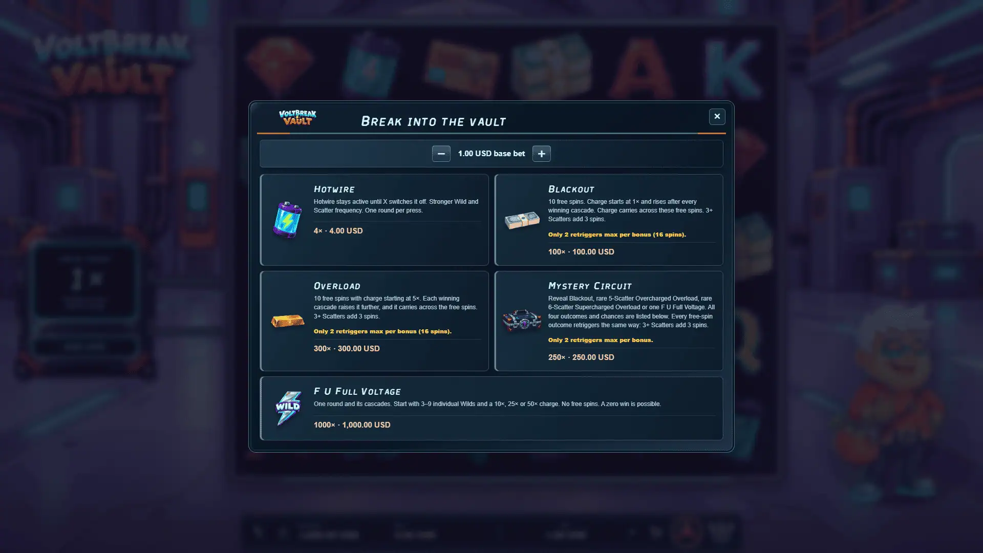 Voltbreak Vault bonus buy menu