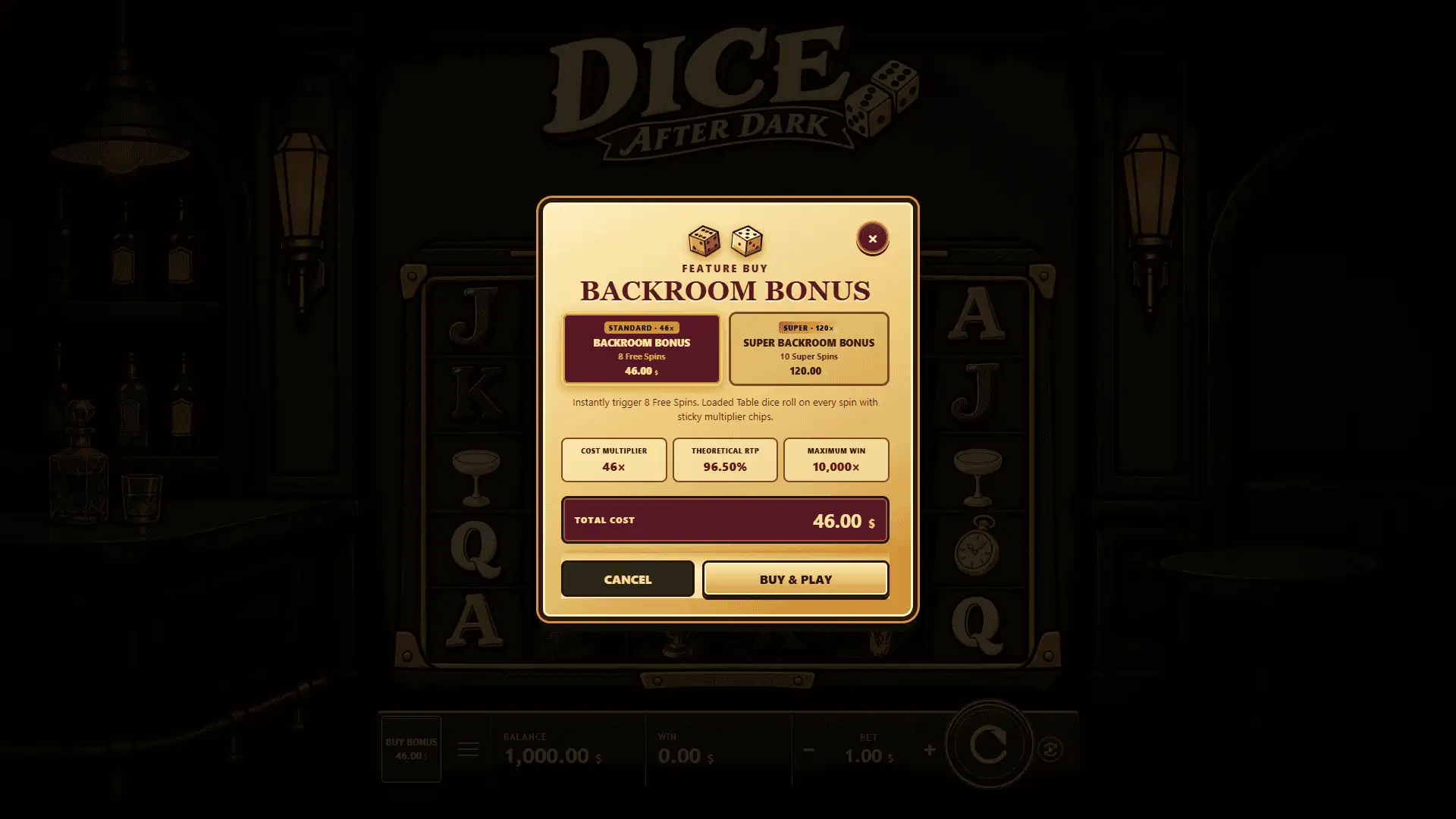 Dice After Dark bonus buy menu