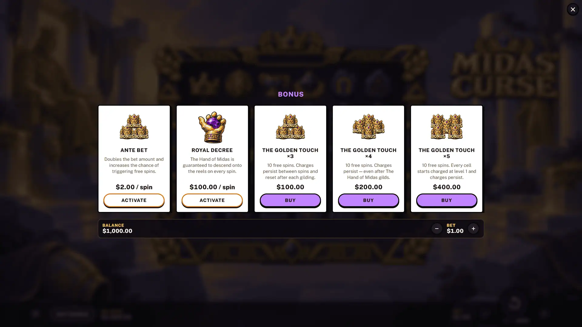 Midas Curse bonus buy menu