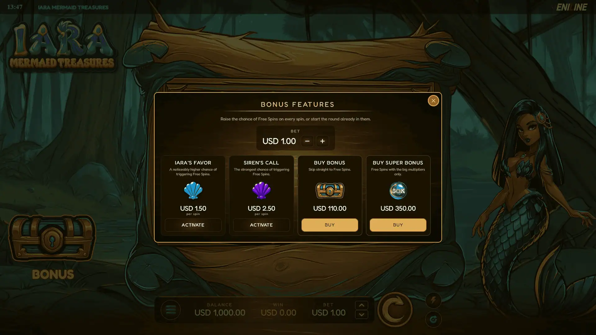 Iara Mermaid Treasures bonus buy menu