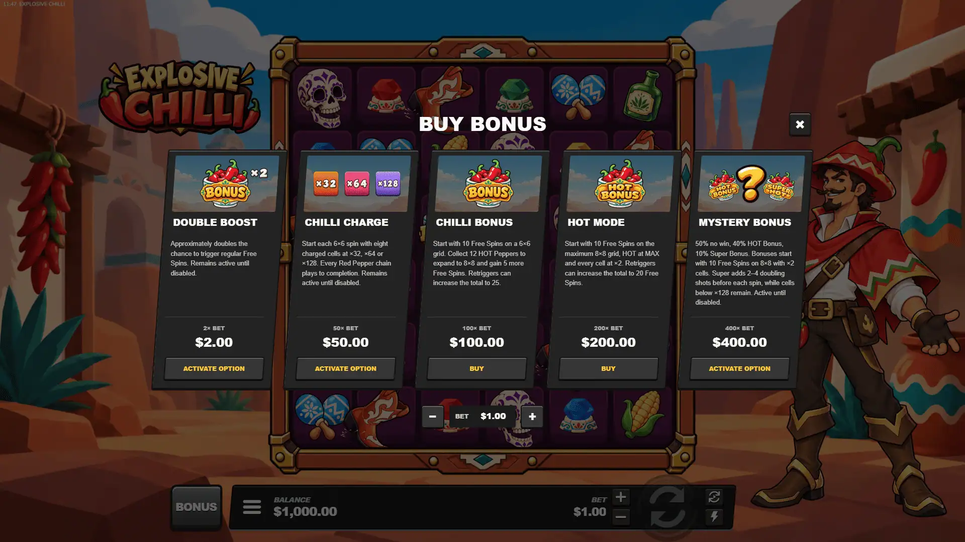 Explosive Chilli bonus buy menu