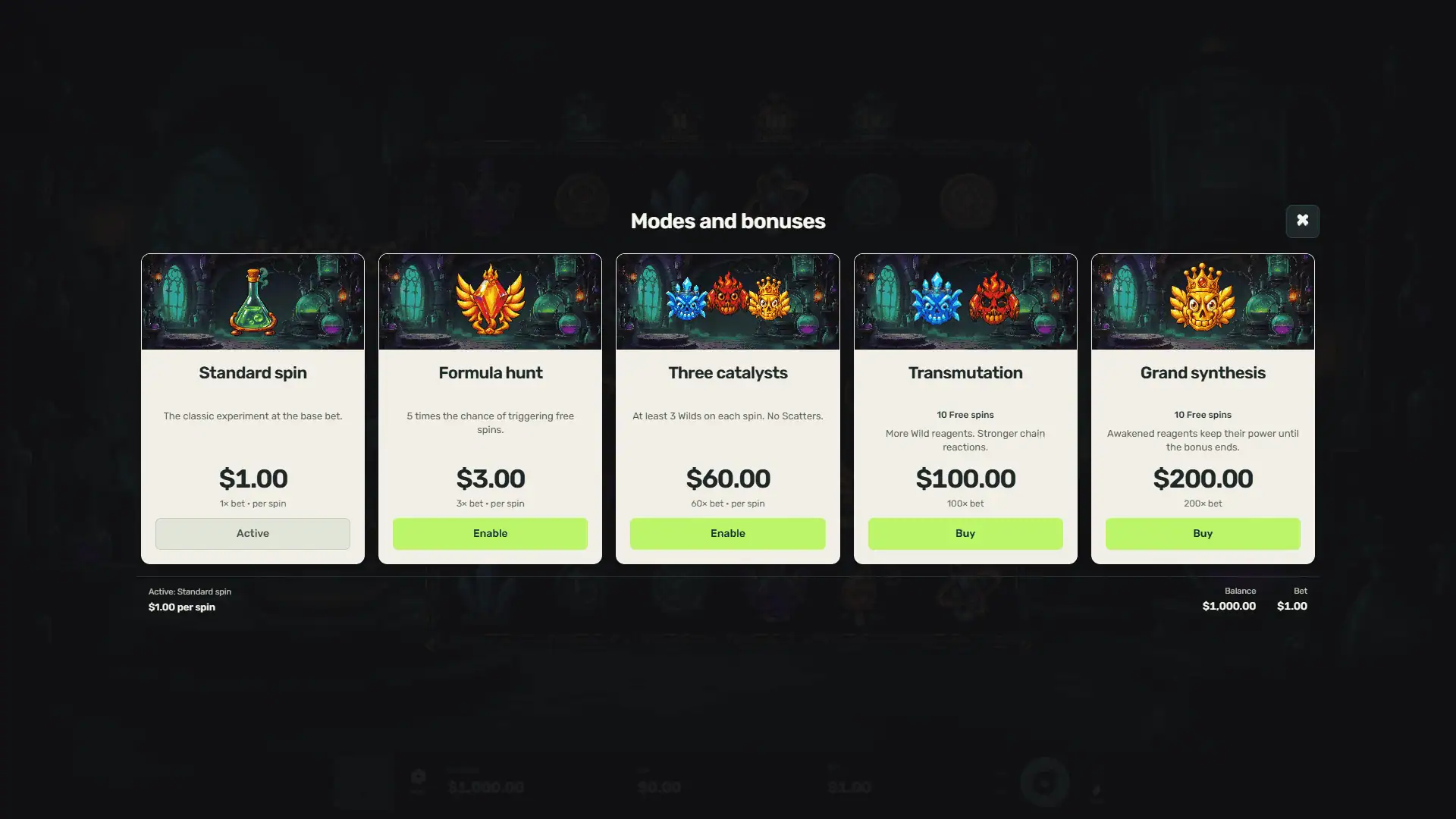 The Alchemist bonus buy menu