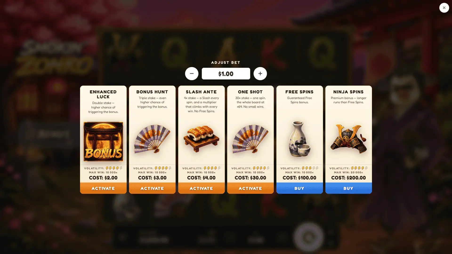 Smokin' Zonko bonus buy menu