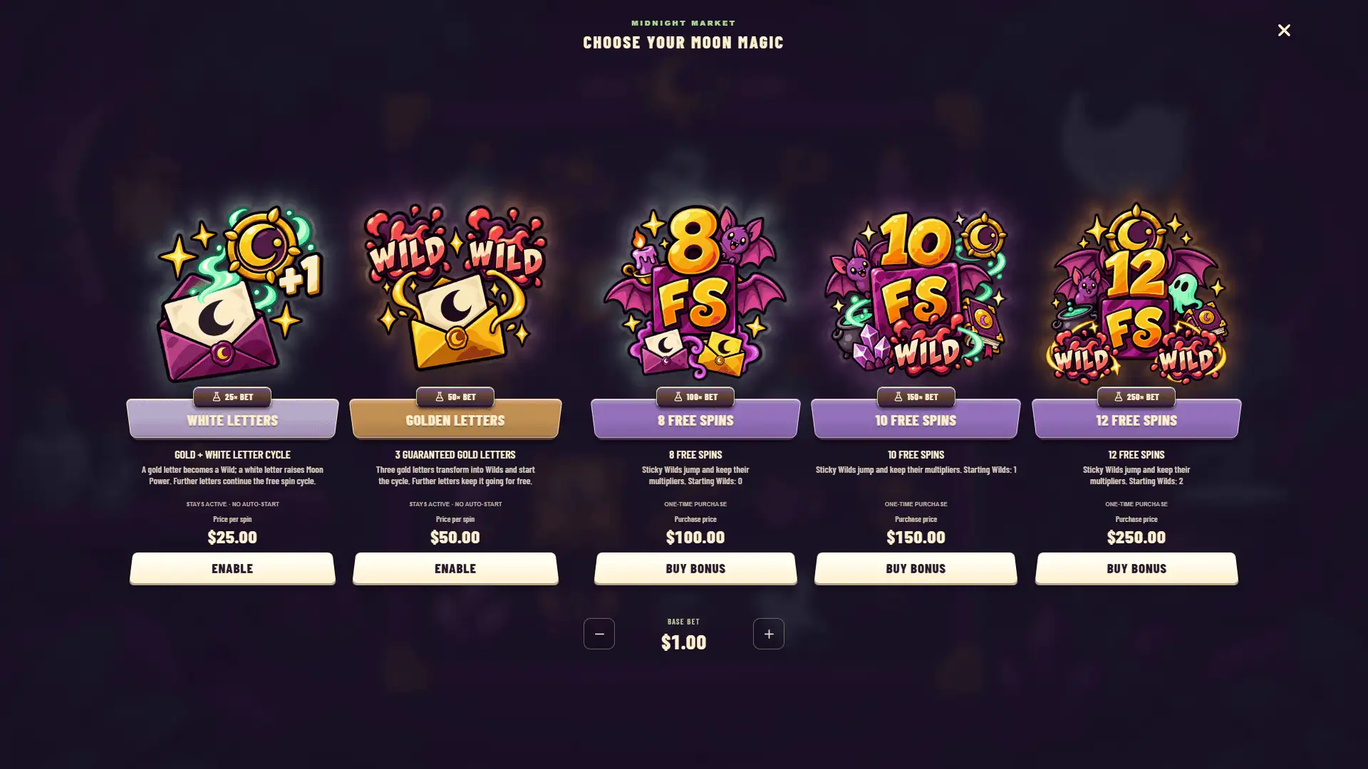 Midnight Market bonus buy menu
