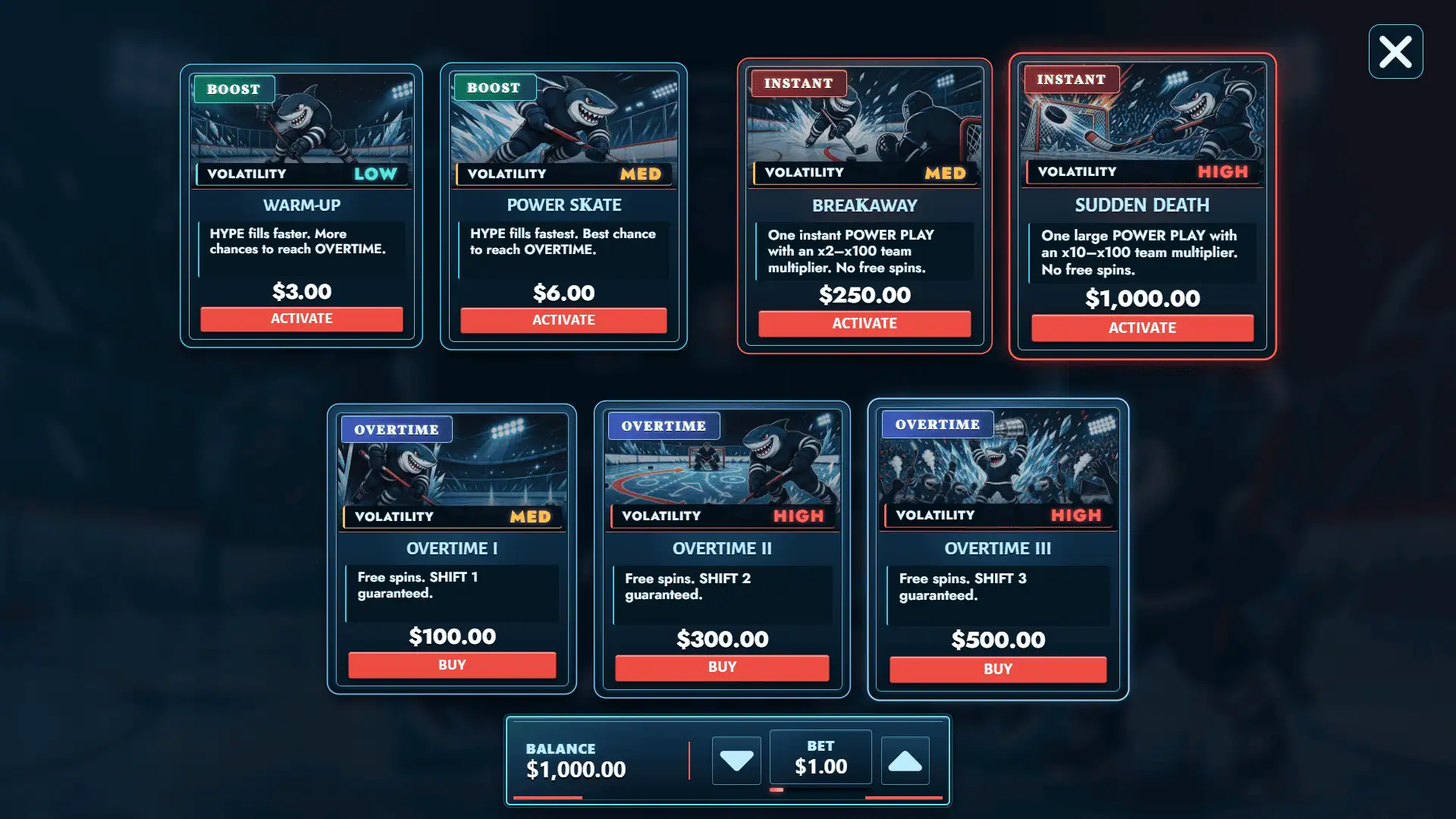 Over The Puck bonus buy menu