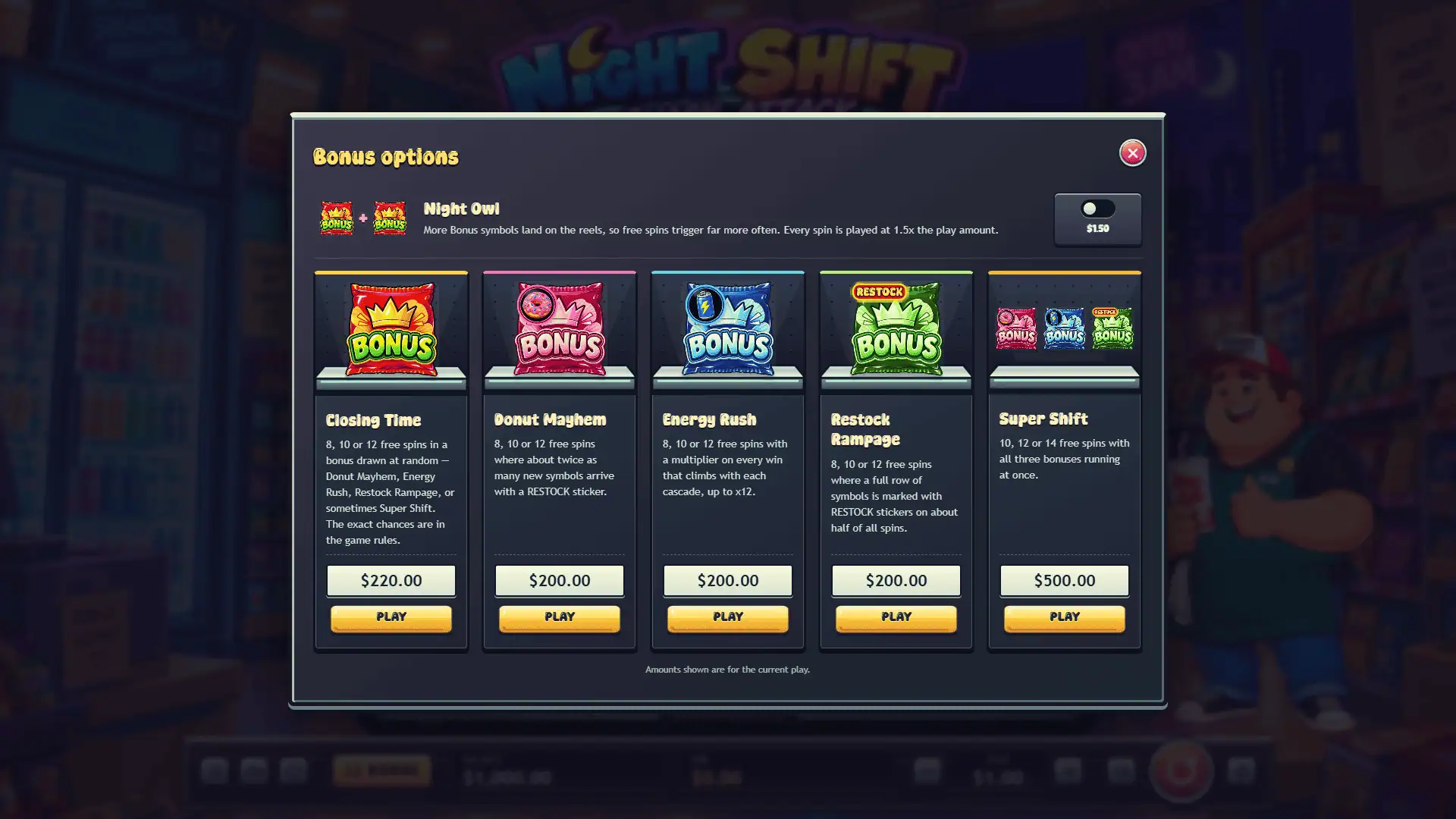 Night Shift bonus buy menu